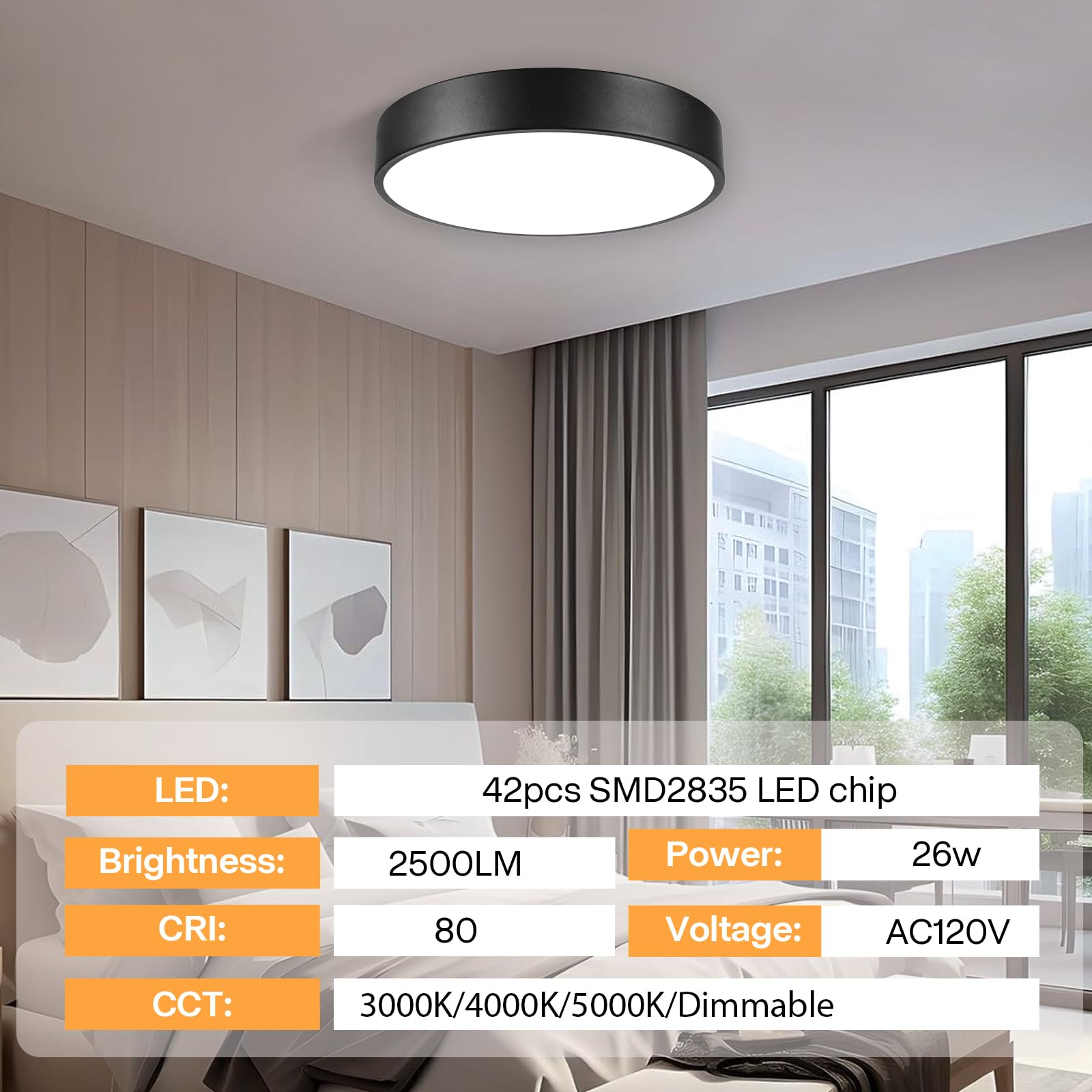 Enateclite Matte Black Flush Mount Ceiling Light, 3000-5000K 13Inch Modern Bedroom Lighting Fixtures Ceiling Mount, Dimmable Ove