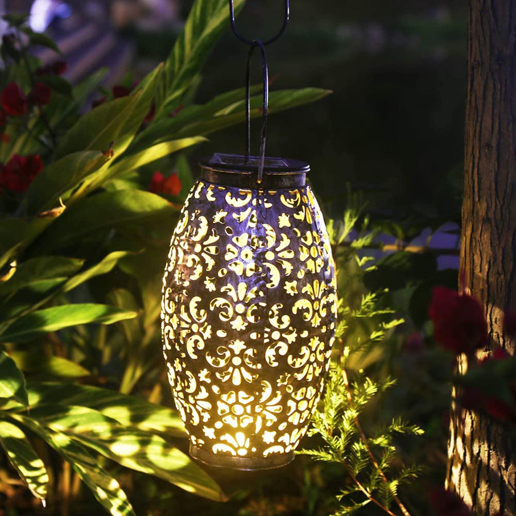 KAIXOXIN Solar Lantern Lights, Metal, Large, Silver, for Outdoor Hanging or Table Use in Patio, Courtyard, Garden