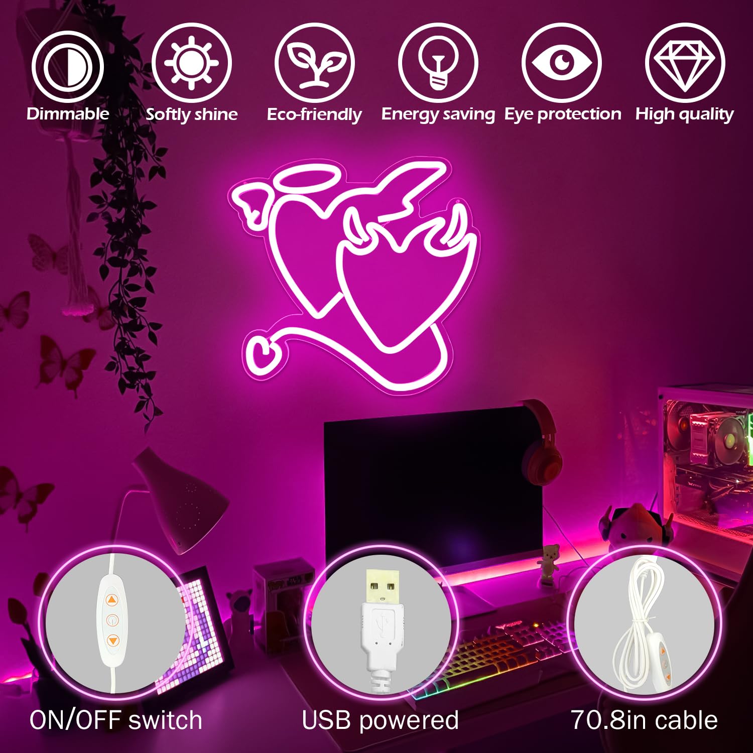 Ajoyferris Pink Heart LED Neon Sign - Acrylic Love Light for Bedroom, Wedding Decor, 14in x13in