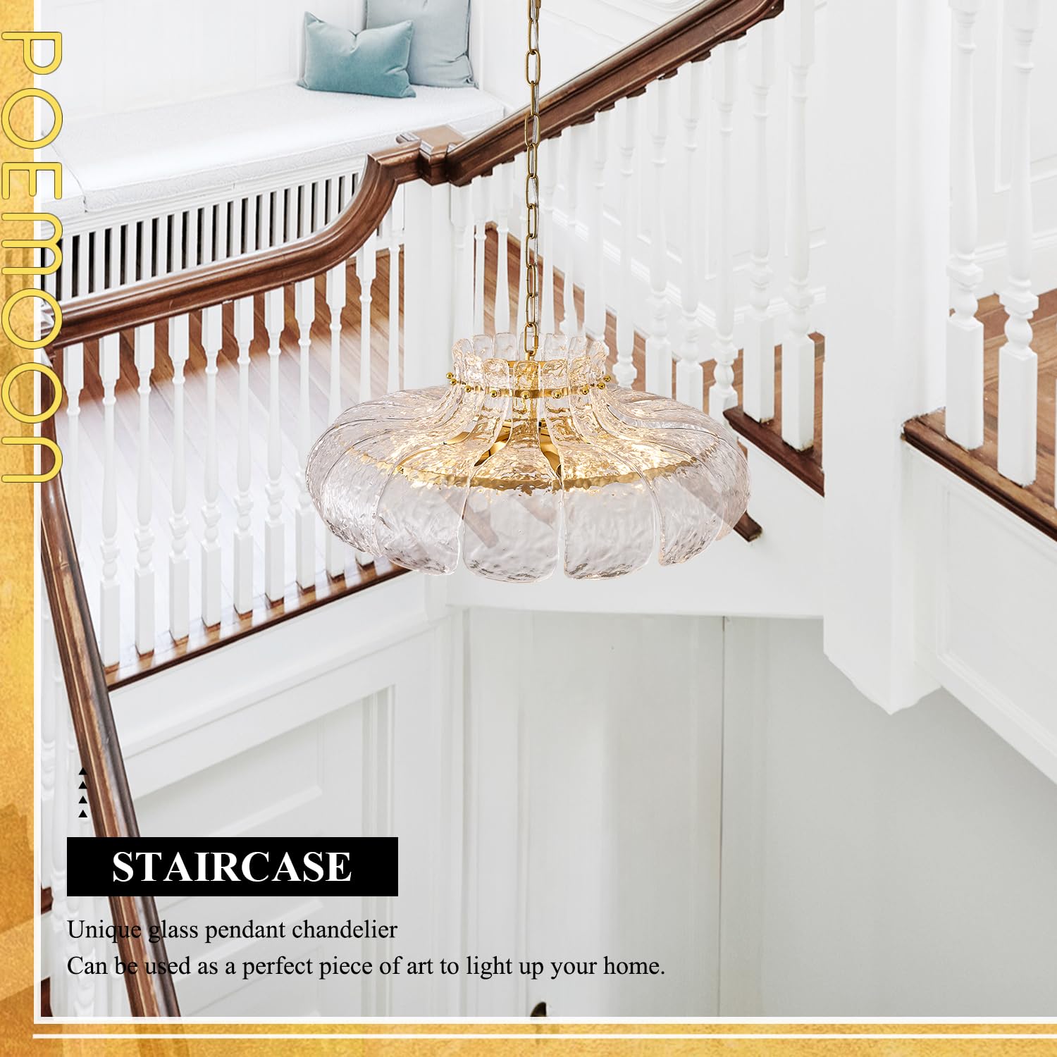 Poemoon 8-Light Modern Water Ripple Glass Chandelier 21.6'' Pendant Chandelier Luxury Gold Hanging Lighting For Living Dining Ro