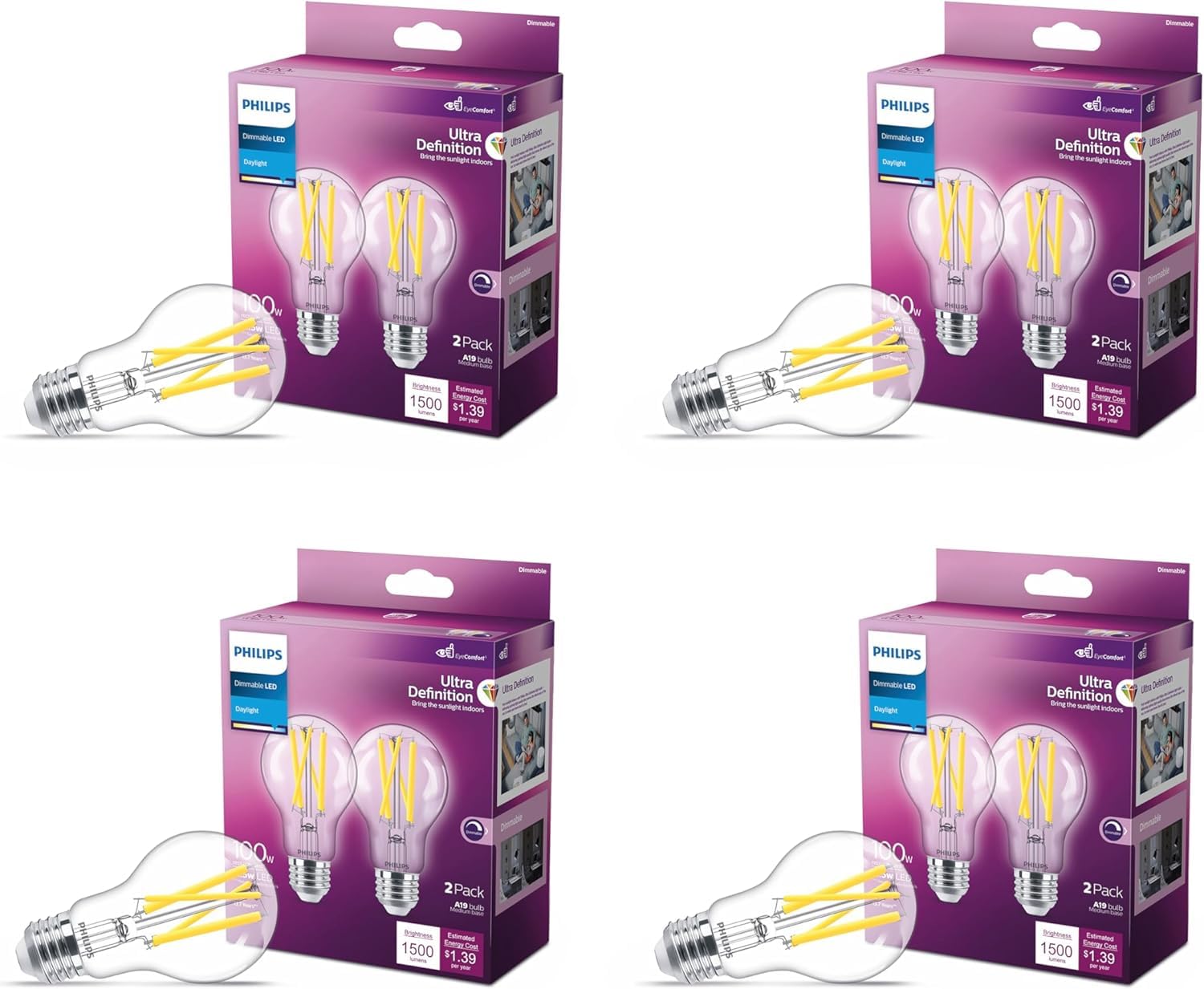Philips LED A19 Dimmable Light Bulbs 100W, Daylight 5000K, 1500 Lumen, E26 Base, 8 Pack, Glass