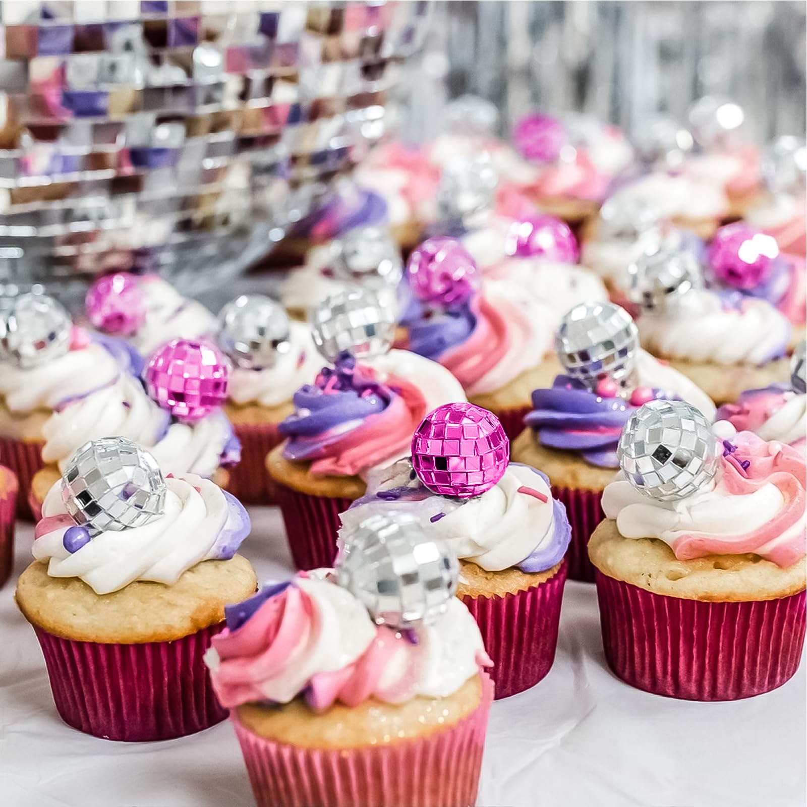 JOERSH 24pcs Disco Ball Cupcake Toppers, 1970s Disco Theme Cake Decorations, Pink and Silver, Crystal Glass, Foam, Bamboo