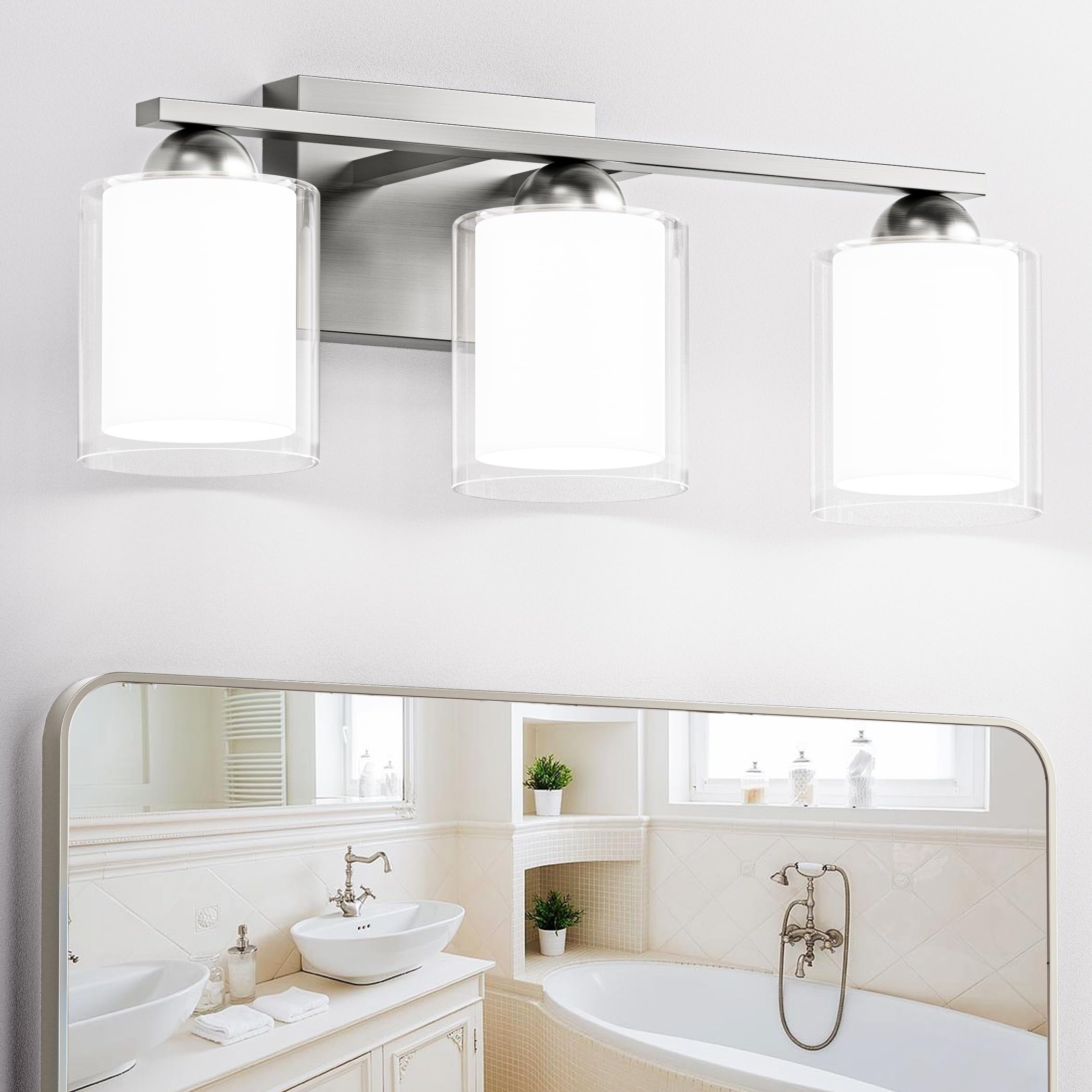 Quntis 3 Light Brushed Nickel Bathroom Light Fixtures, LED Vanity Lights Over Mirror, Model QNT-3L-BN-VL, Milk White Frosted Glass