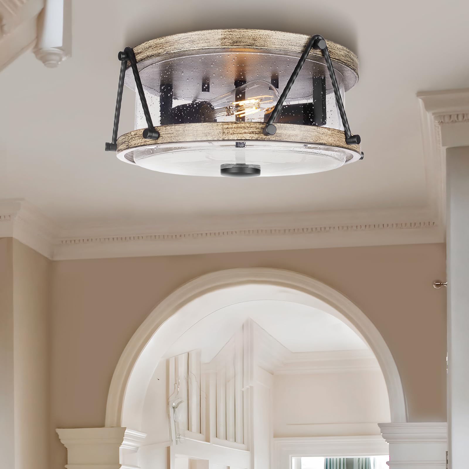 Rosient 12&quot; Flush Mount Ceiling Light, Brown Farmhouse Lamp With Seeded Glass Shade