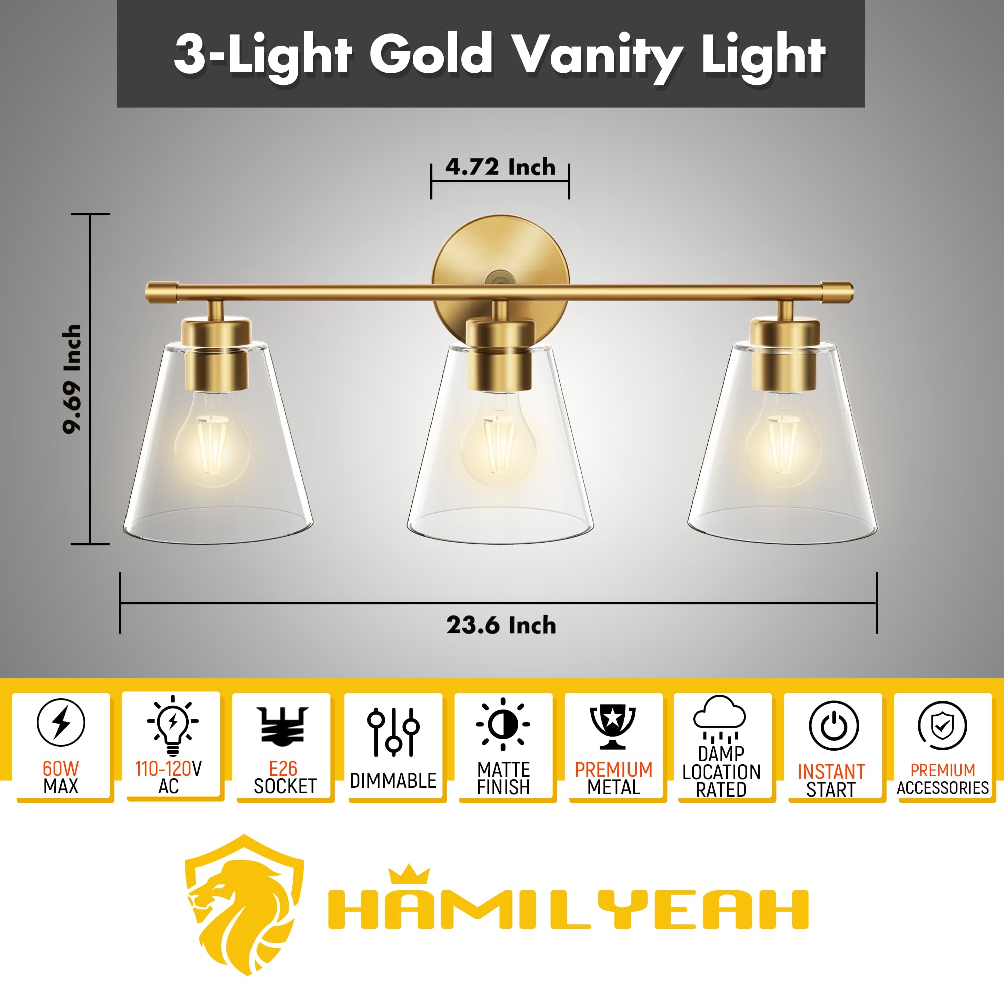 Hamilyeah Gold 3-Light Bathroom Vanity Light Fixtures with Clear Glass Shade, Industrial Style for Bath and Restroom