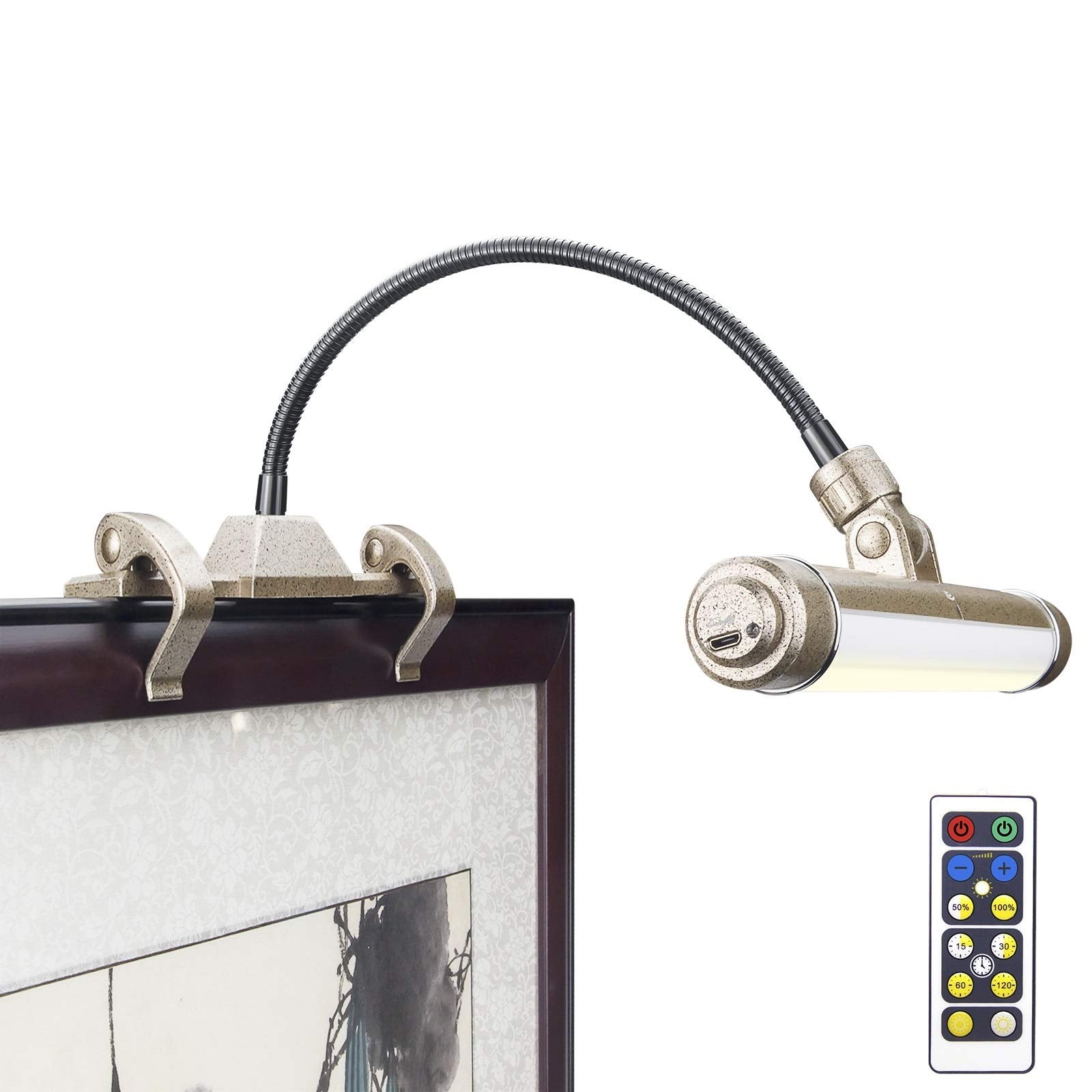 LUXSWAY Wireless Picture Frame Light, Rechargeable Art Display Lamp, Flexible Neck, 28 LEDs, 3 Lighting Modes, Gold, Model DY600YW-Gold-1