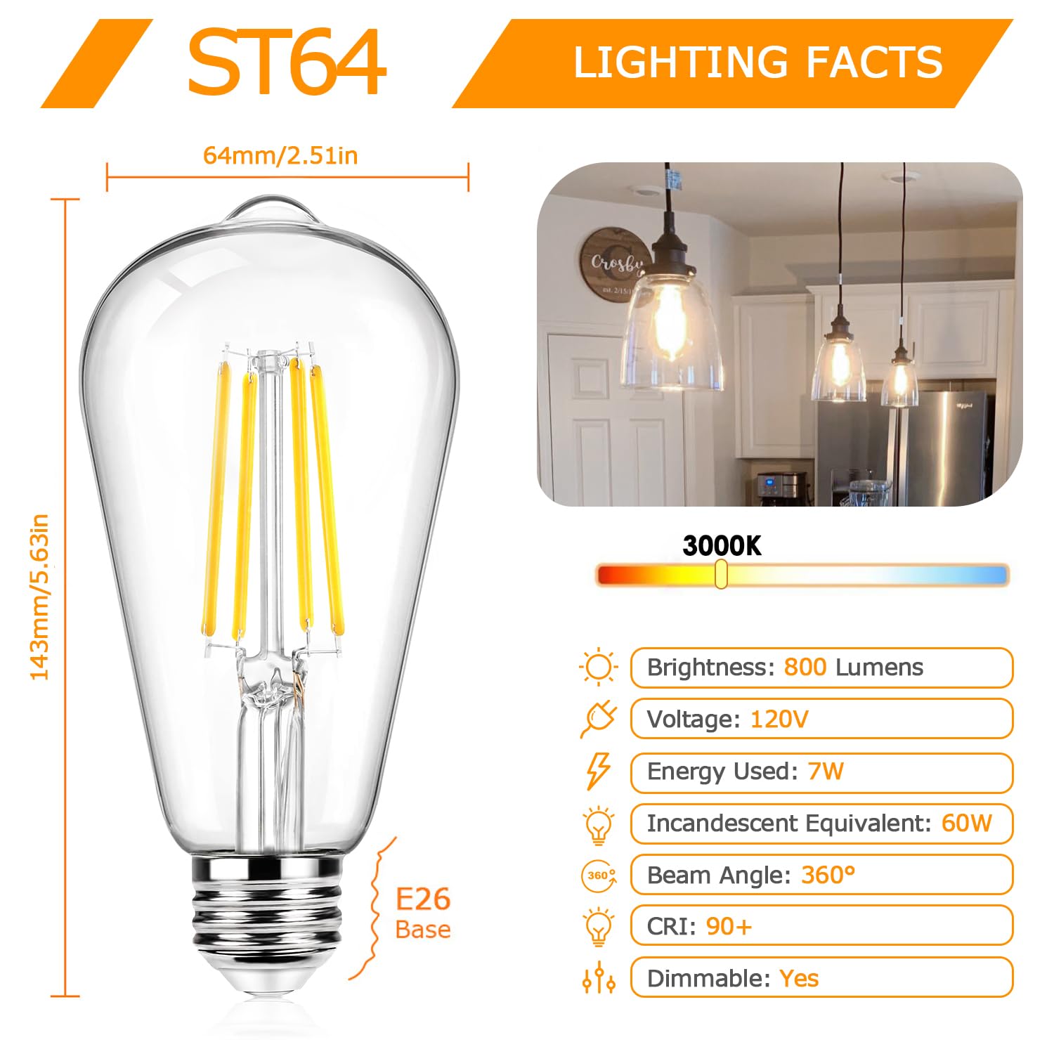 12Packs St64 Large Vintage Led Edison Bulbs, 60W Equivalent 7W, 800Lumens, Dimmable Antique Led Filament, 3000K Warm White, E26