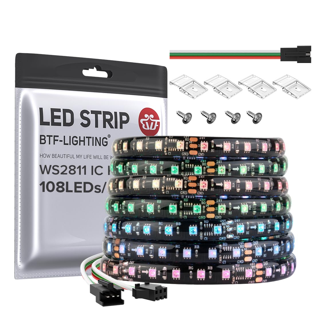 Btf-Lighting 2835Smd Ws2811 Ic Rgb Chasing Color Led Strip Light 24.6Ft Dc24V 108Led/M 18Pixels/M 8Mm Width Ip65 Flexible Addressable Strip For Indoor Decor (No Adapter Or Controller)