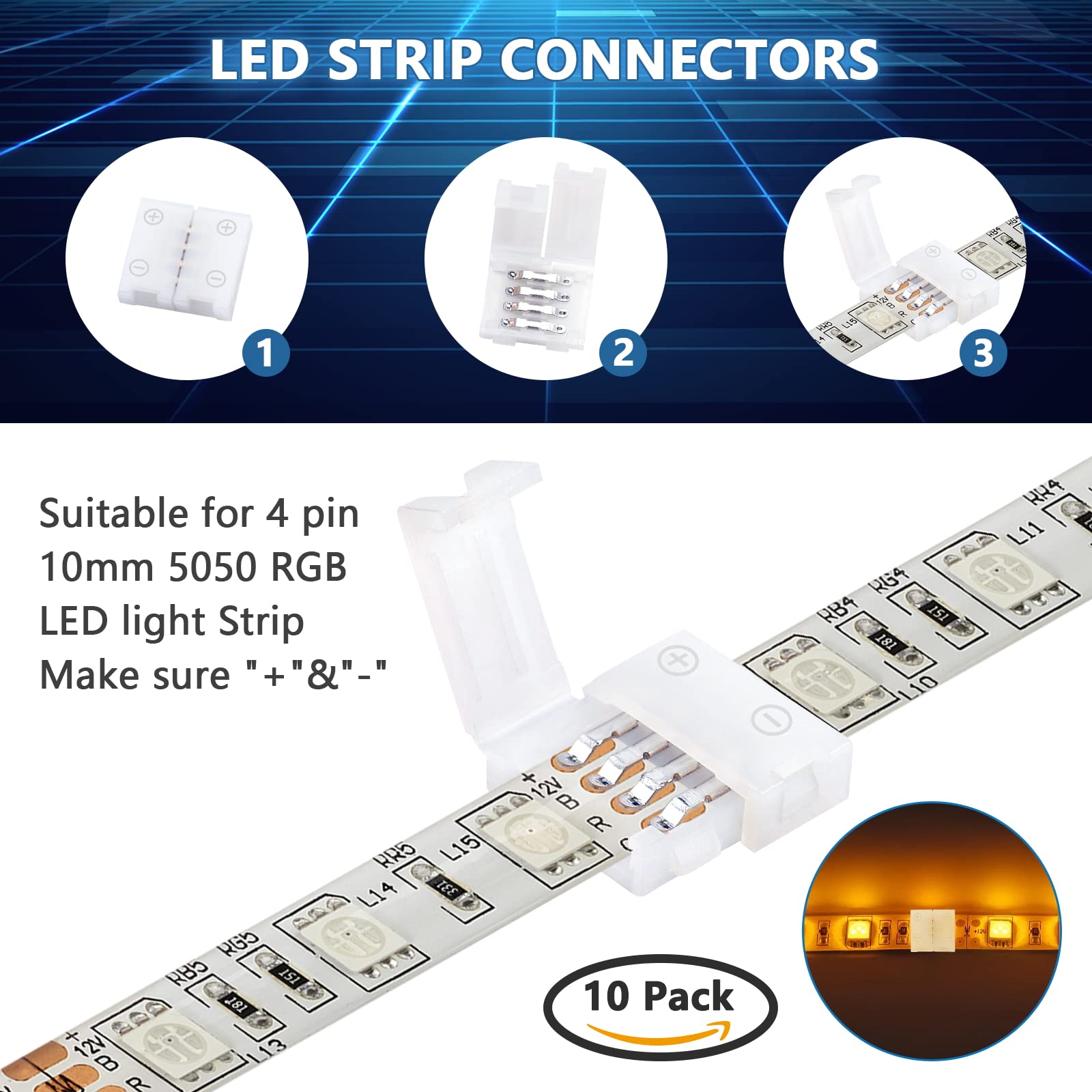 4-Pin 10Mm Rgb Led Light Strip Connectors, 100 Pieces Solderless And Gapless Adapter Terminal, Incl. Screw Clips, Cuttable T, L And X Shape For Smd 5050 Rgb Led Strips Extension And Connection