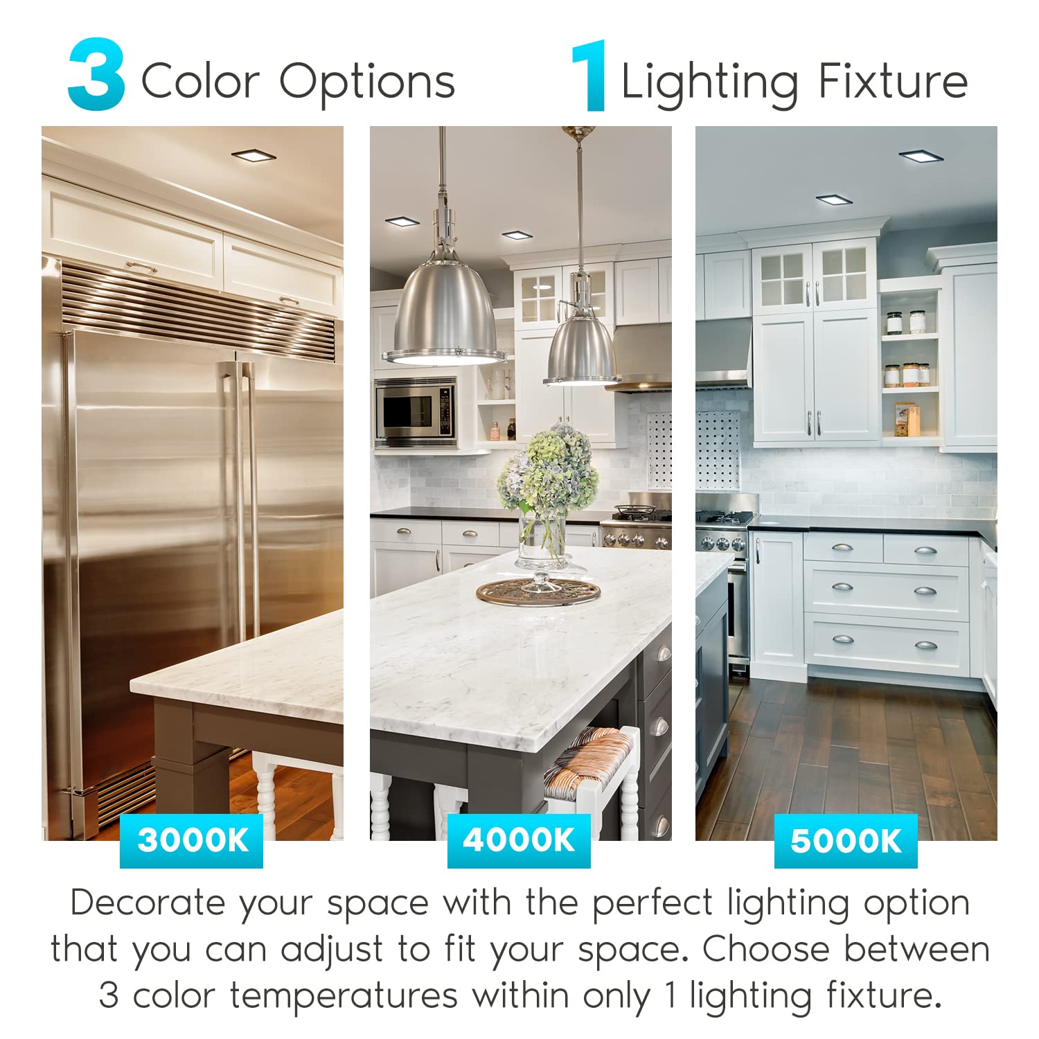 LUXRITE 4 Inch Square LED Flush Mount Ceiling Light, 10W, 3 Color Selectable (3000K/4000K/5000K), Dimmable, Black