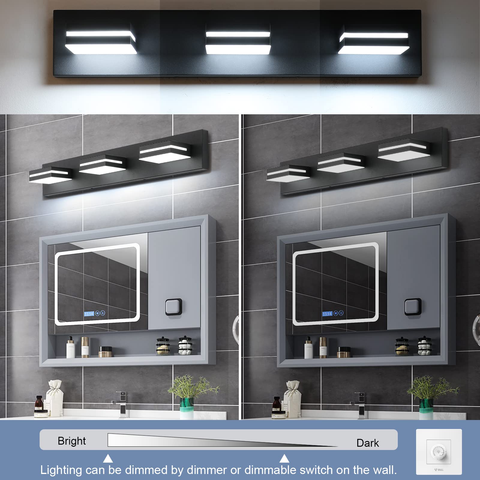 Sinerise Led Modern Bathroom Vanity Light Fixtures (3-Light, 24-Inch, Dimmable), Matte Black Modern Acrylic Bathroom Wall Lighti