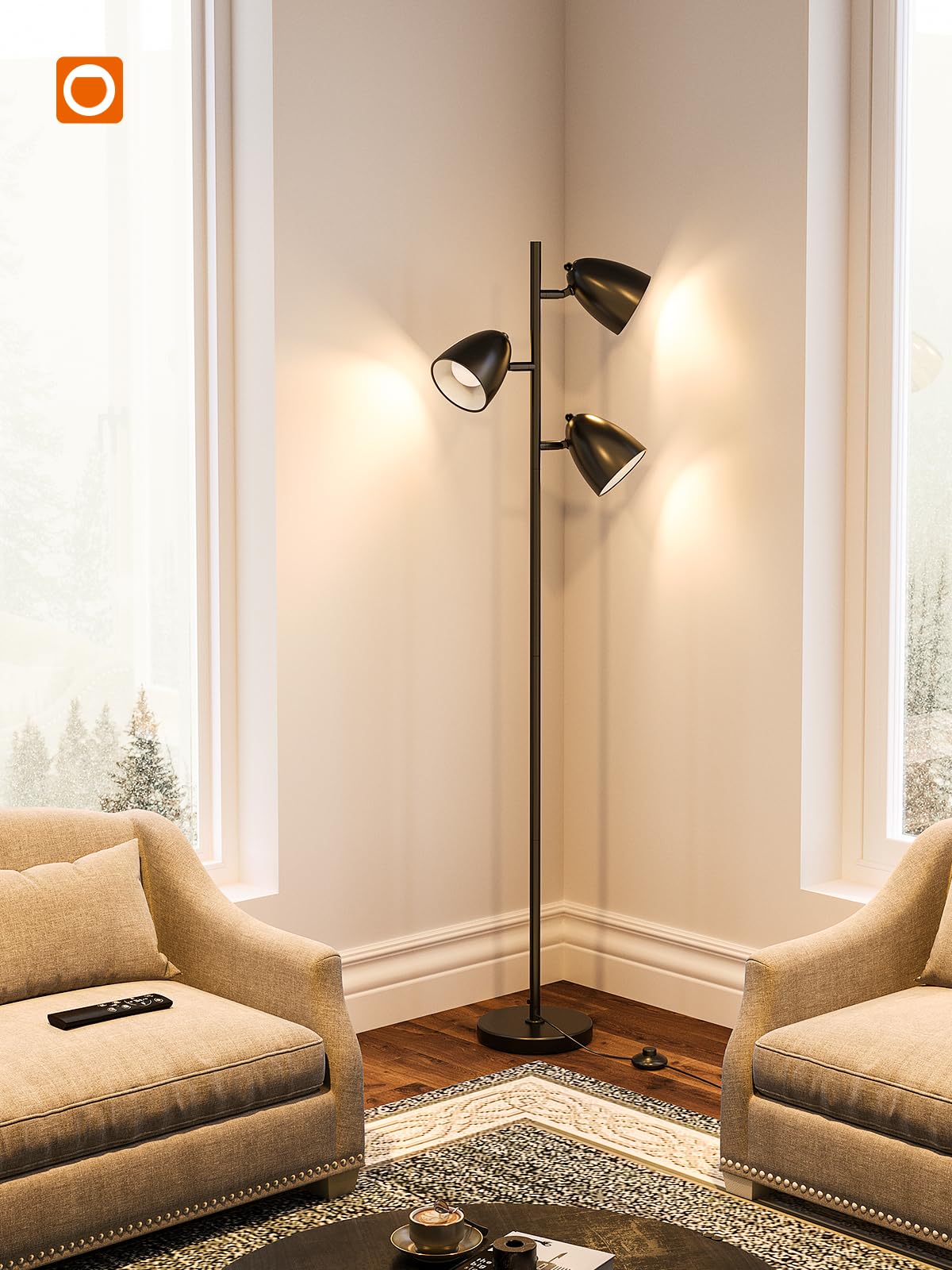 Addlon Tree Floor Lamp With Remote, 3 Adjustable Rotating Light And Matching Led Bulbs, Standing Tall Pole Lamps For Living Room