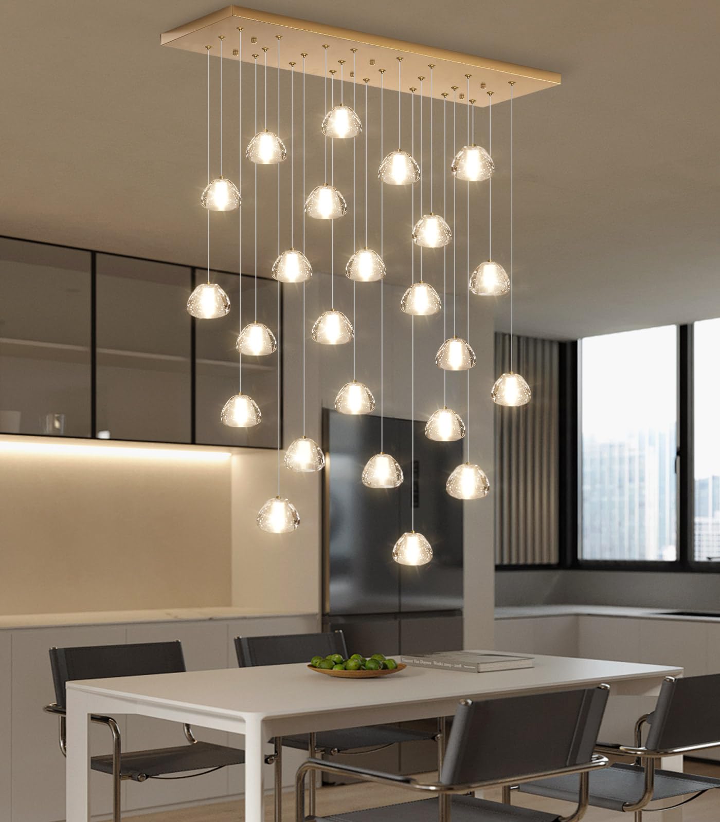 dolria Modern Crystal Rectangular Chandelier, 24-Lights, Gold, LED Pendant Light for Living Room, Hotel, Hallway, Model PC0010-24G-Chang