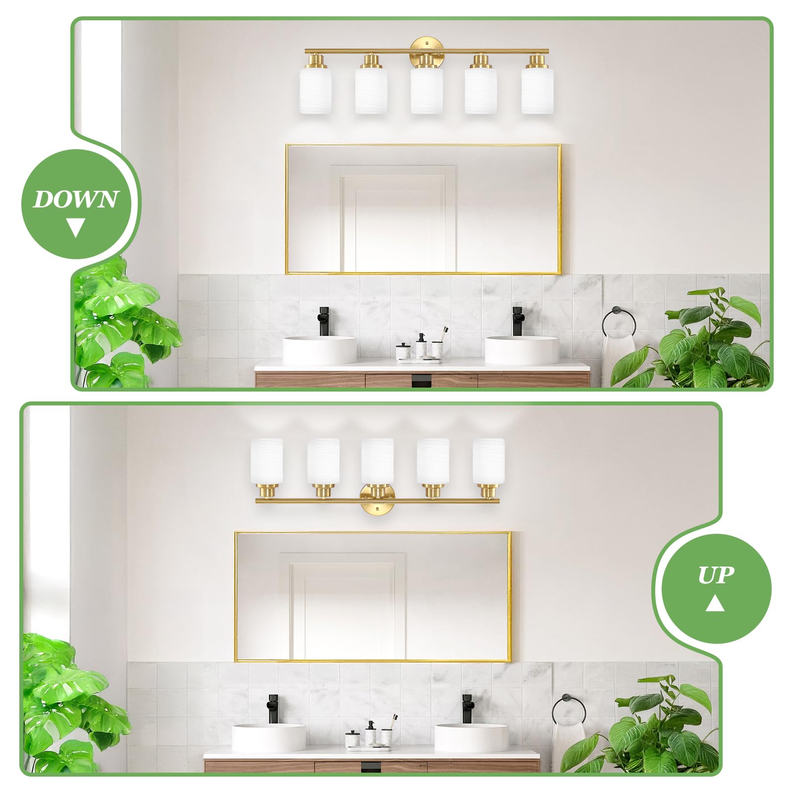 Guliaofo 5-Light Bathroom Light Fixtures, Brushed Gold Vanity Lights Wall Lamp With White Frosted Glass, Vanity Light Fixtures,