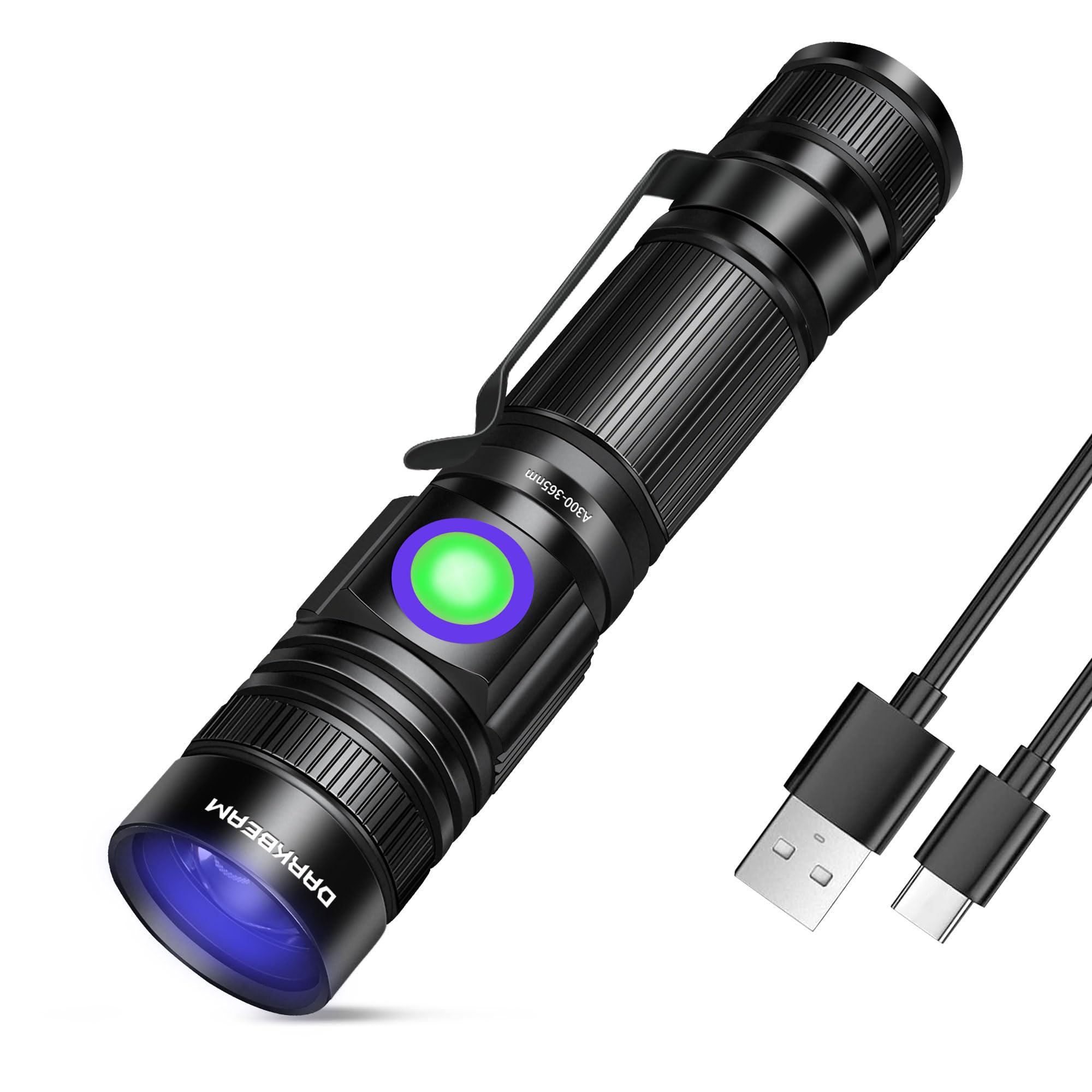 DARKBEAM UV Flashlight A300 - 365nm Rechargeable Mini Black Light, Pocket-size, Aluminum, UV 365nm/Bluish