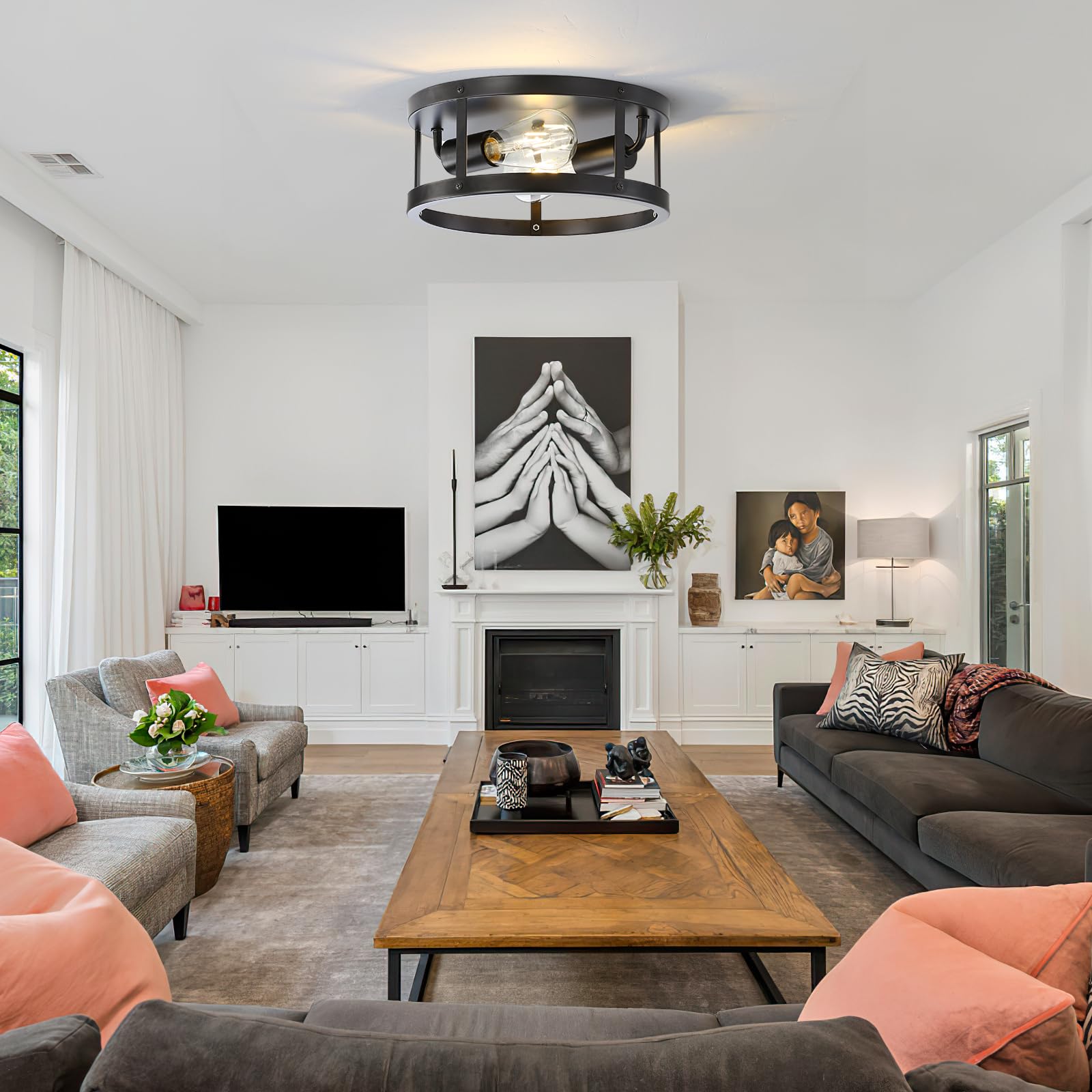 Eietonte Farmhouse Semi Flush Mount Ceiling Light, 11inch Black Metal Cage, 2-Light Industrial Fixture, Model EIECL003-BL1P