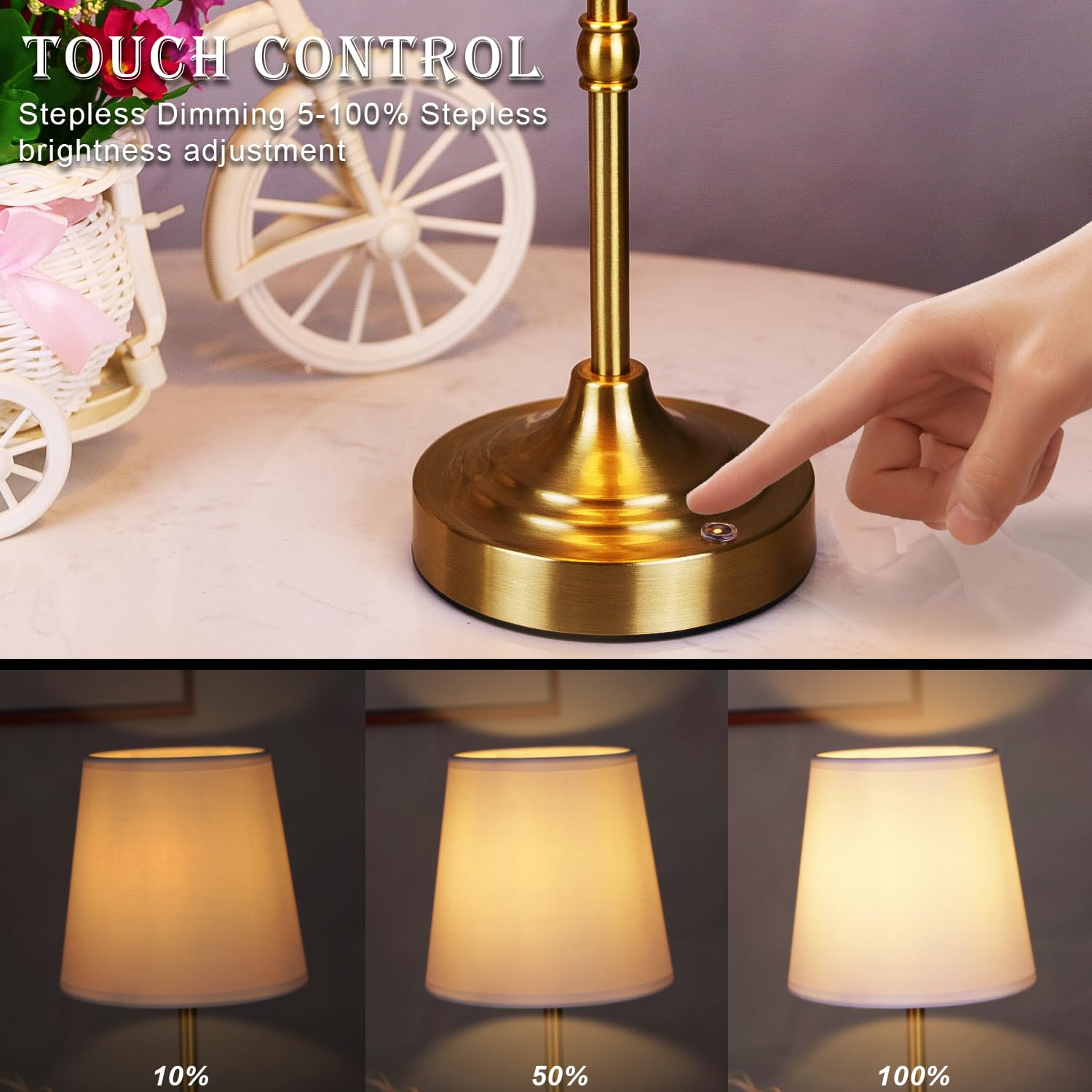 focondot Rechargeable LED Table Lamp - Wireless, Touch Control, Dimmable, Metal, Bronze, Model N3