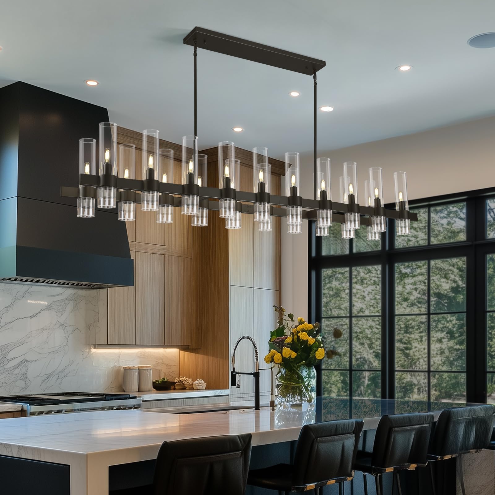Black Linear Chandeliers For Dining Room, 68'' Rectangle Chandelier With Glass, 20-Light Dining Room Chandeliers Over Table, Bro