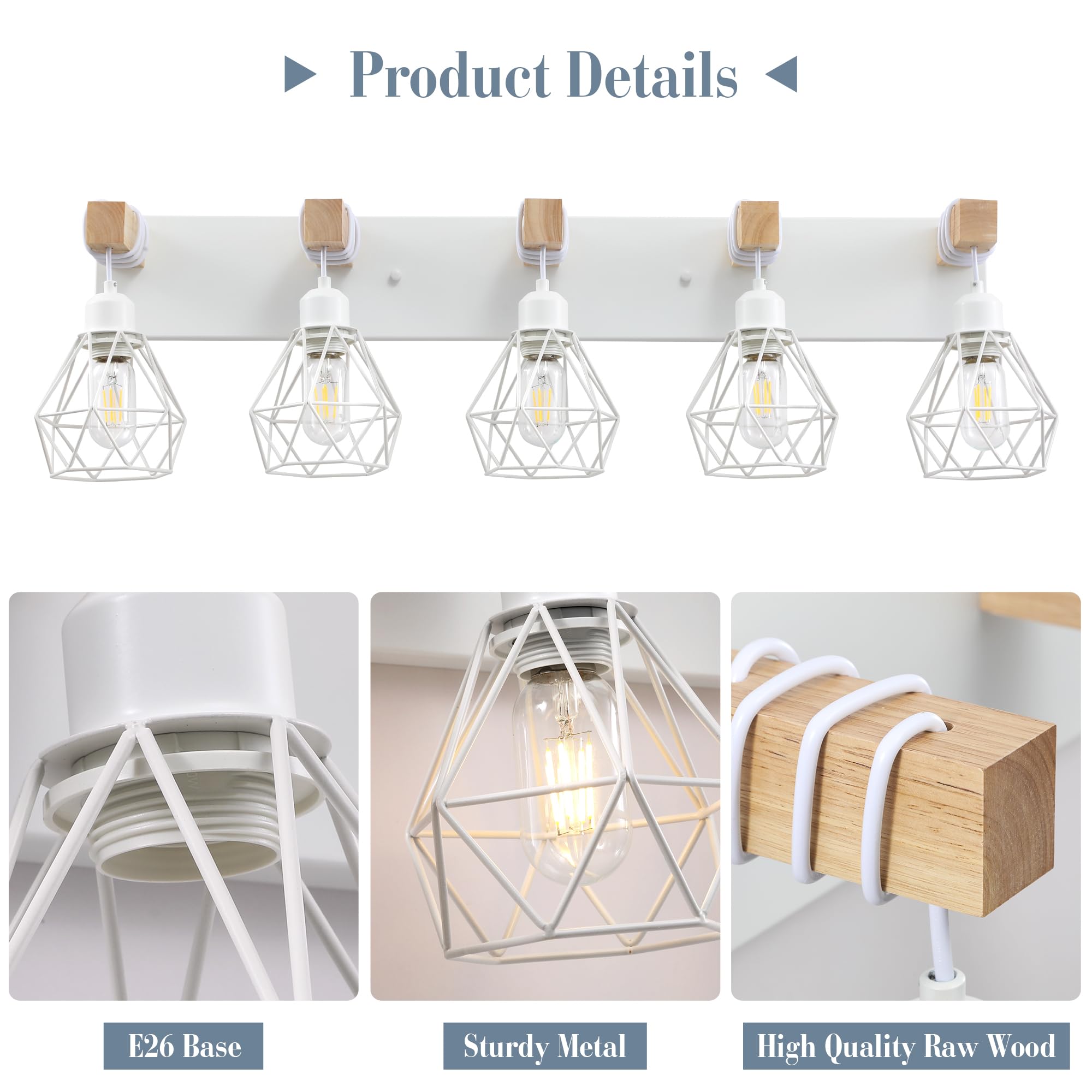 Farmhouse Vanity Light For Bathroom, 5-Light White Wood Bathroom Vanity Light Fixtures Over Mirror, Rustic Sconces Wall Lighting