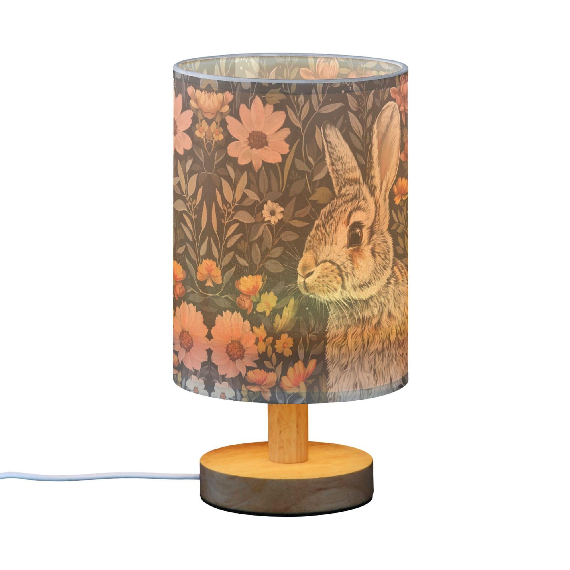 Yyzzh Bunny Rabbit Floral Field Table Lamp With Wood Base Fabric Lamp Shade Bedside Desk Lamp For Living Room Bedroom Kids Room