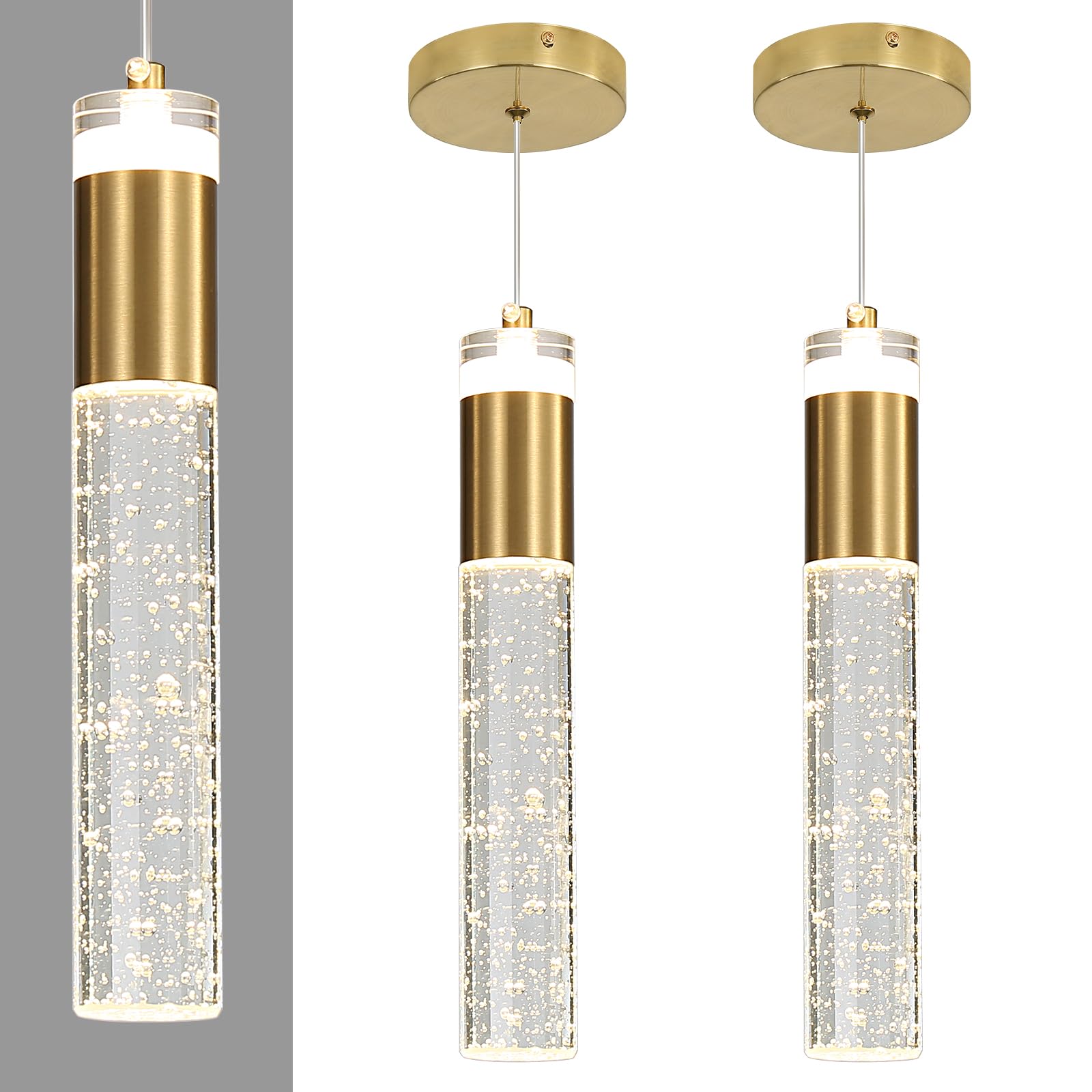 2 Pack Modern Kitchen Island Pendant Lights  Gold Bubble Crystal Ceiling Hanging Light  3 Color 2700K/4500K/6500K  Mini Linear Led Chandelier Lighting For Dining Room  Bedroom  Bar  Hallway  Bedside