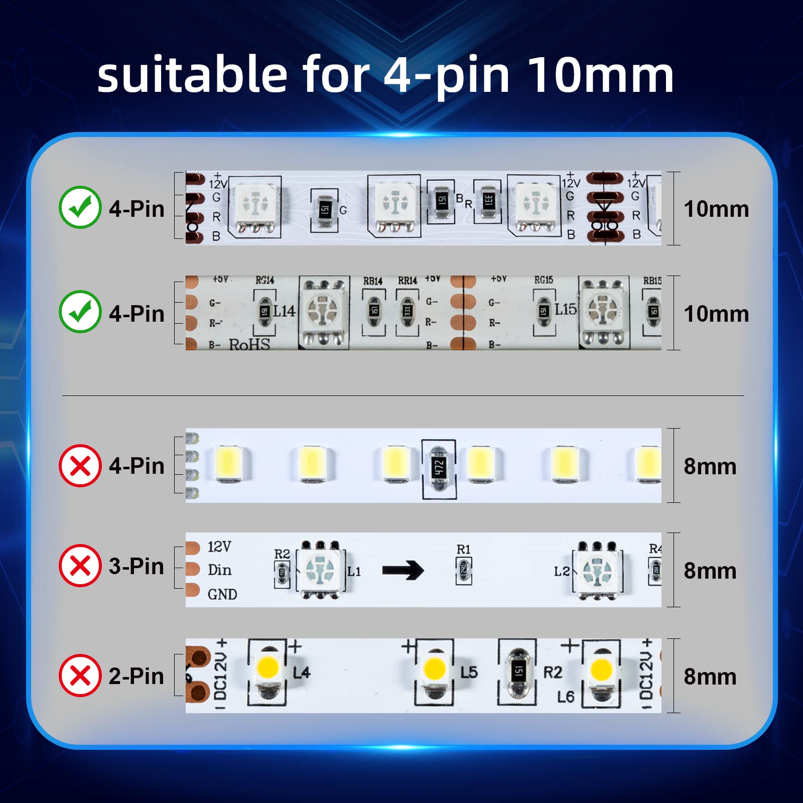 Red Snail 10Pcs Led Strip Connectors - 20 Ft 4 Pin 10Mm Rgb Smd 5050 Extension Cable