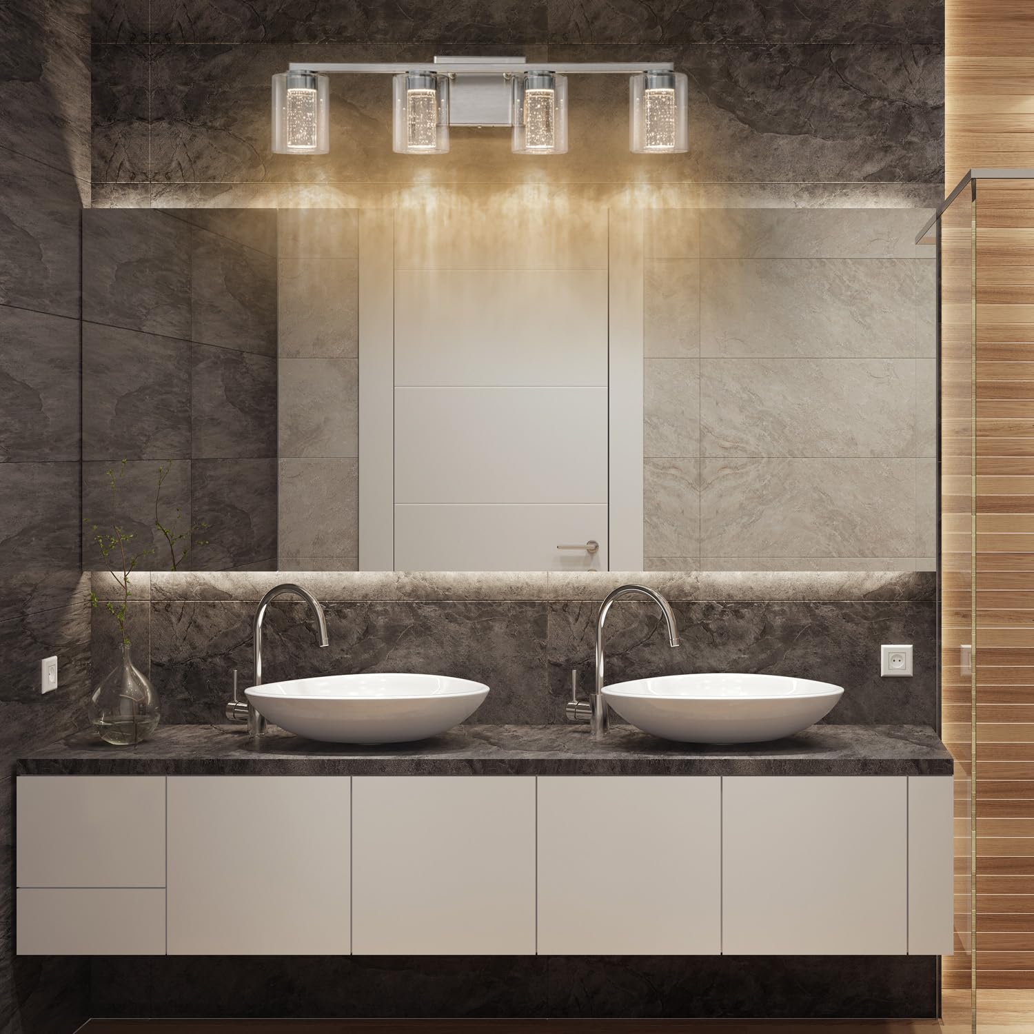 SineRise 4-Light Brushed Nickel Vanity Light, Dimmable LED Fixture with 3 Color Modes, Eye Protection Glass Shade, Model 34871d04