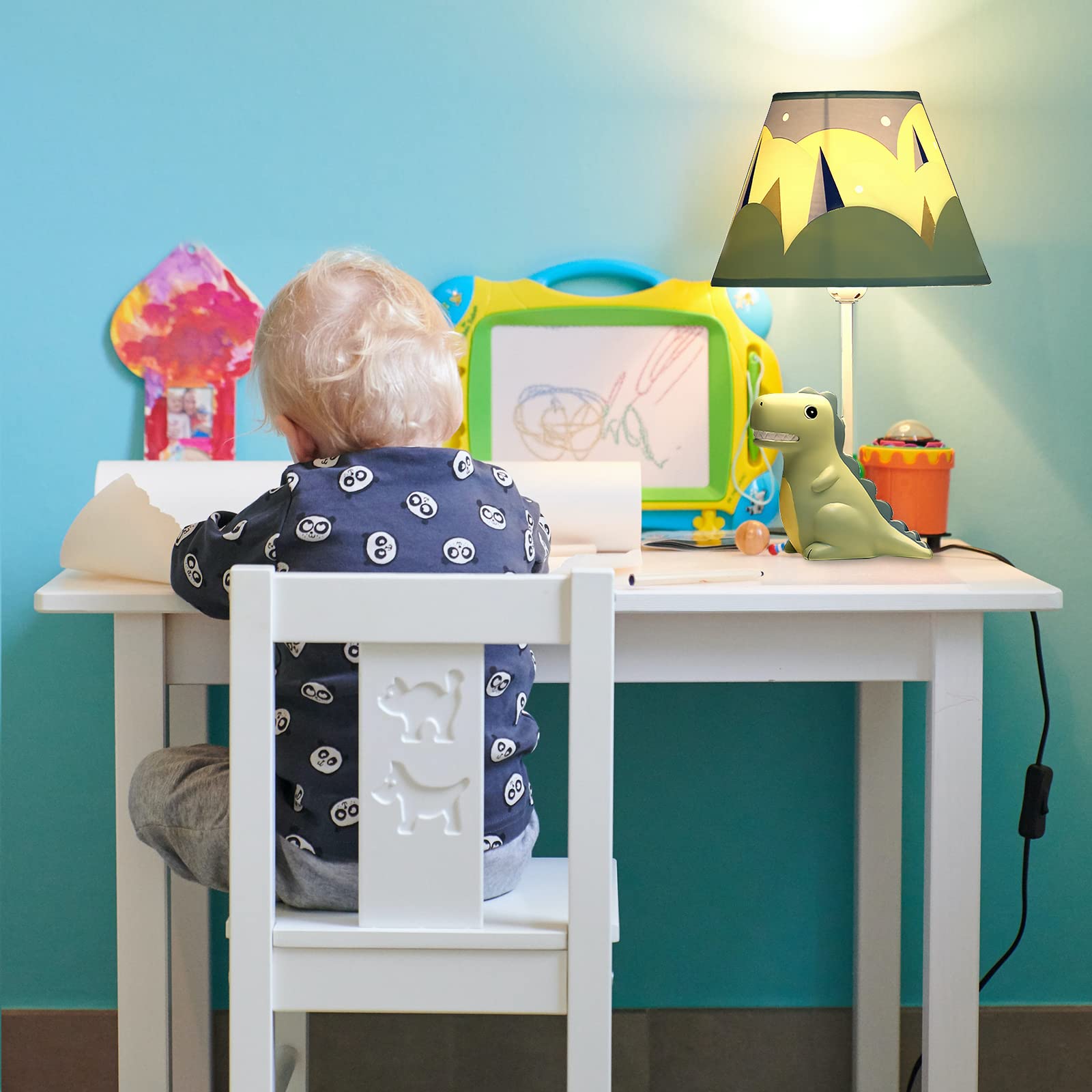 HERBESTBAY Dinosaur Kids Table Lamp, 13" Green Metal Bedside Lamp with LED Bulb, Model HERBAY6002