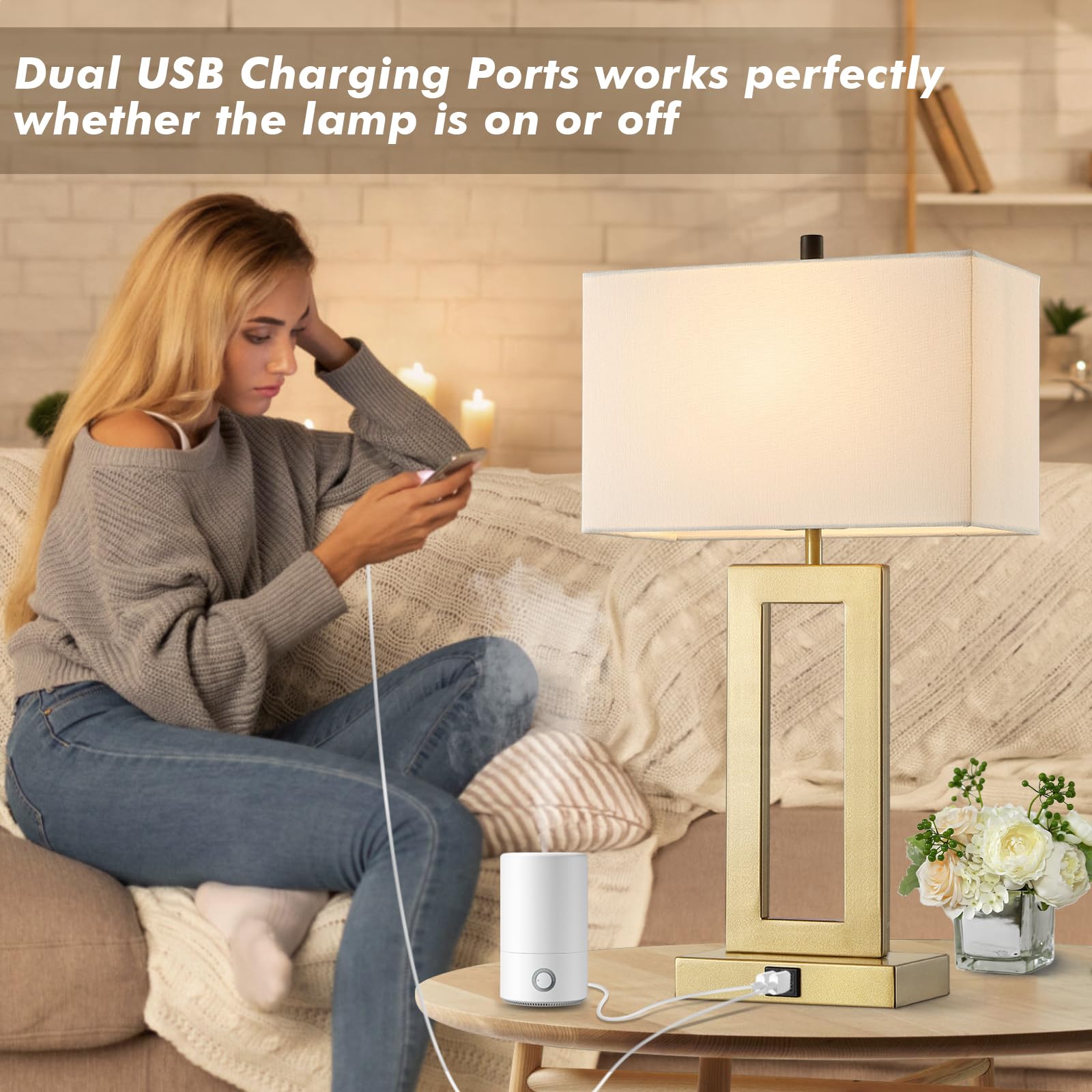 Gernehop Gold Table Lamps Set Of 2 With Dual Usb Ports,3-Way Dimmable Touch Control Bedside Lamps,22Inch Tall Modern Bedroom Tab
