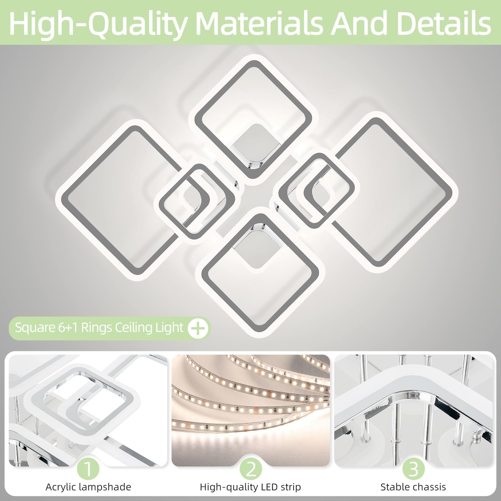 SEABLE Modern LED Ceiling Light, 40.2'' Dimmable 7 Light Fixture, Chrome, Remote Control, Model SE-S005-7CH