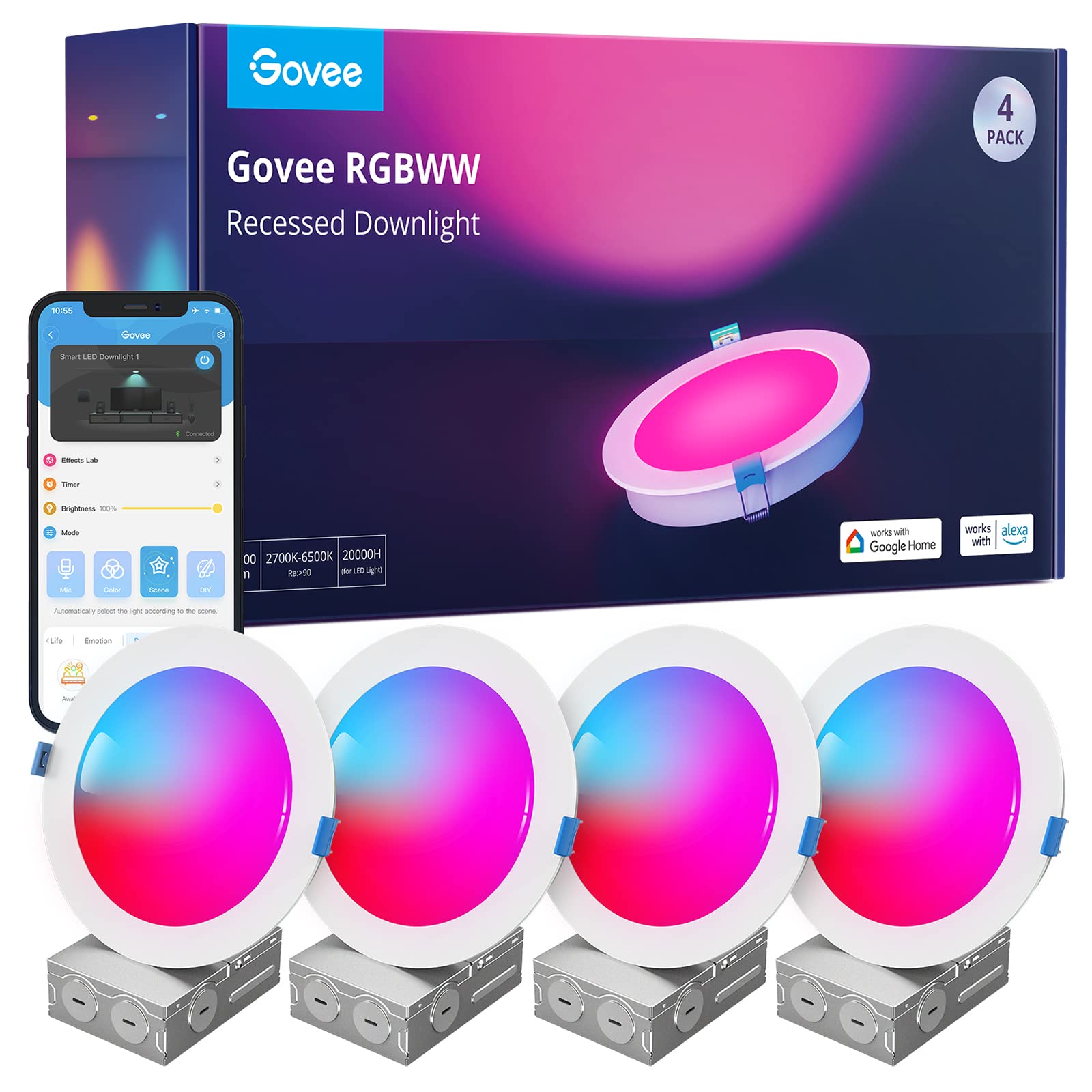 Govee Smart Recessed Lighting 6 Inch, Wi-Fi Bluetooth Direct Connect Rgbww Led Downlight, 65 Scene Mode, Led Can Lights Work With Alexa & Google Assistant With Junction Box, 1100 Lumen, 4 Pack