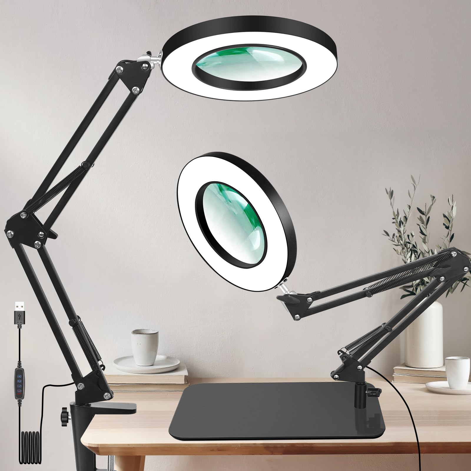 Vitotc 12X Magnifying Glass With Light And Stand, 2-In-1 Magnifying Lamp, 5 Color Modes Led Lighted, Magnifier With Light Hands