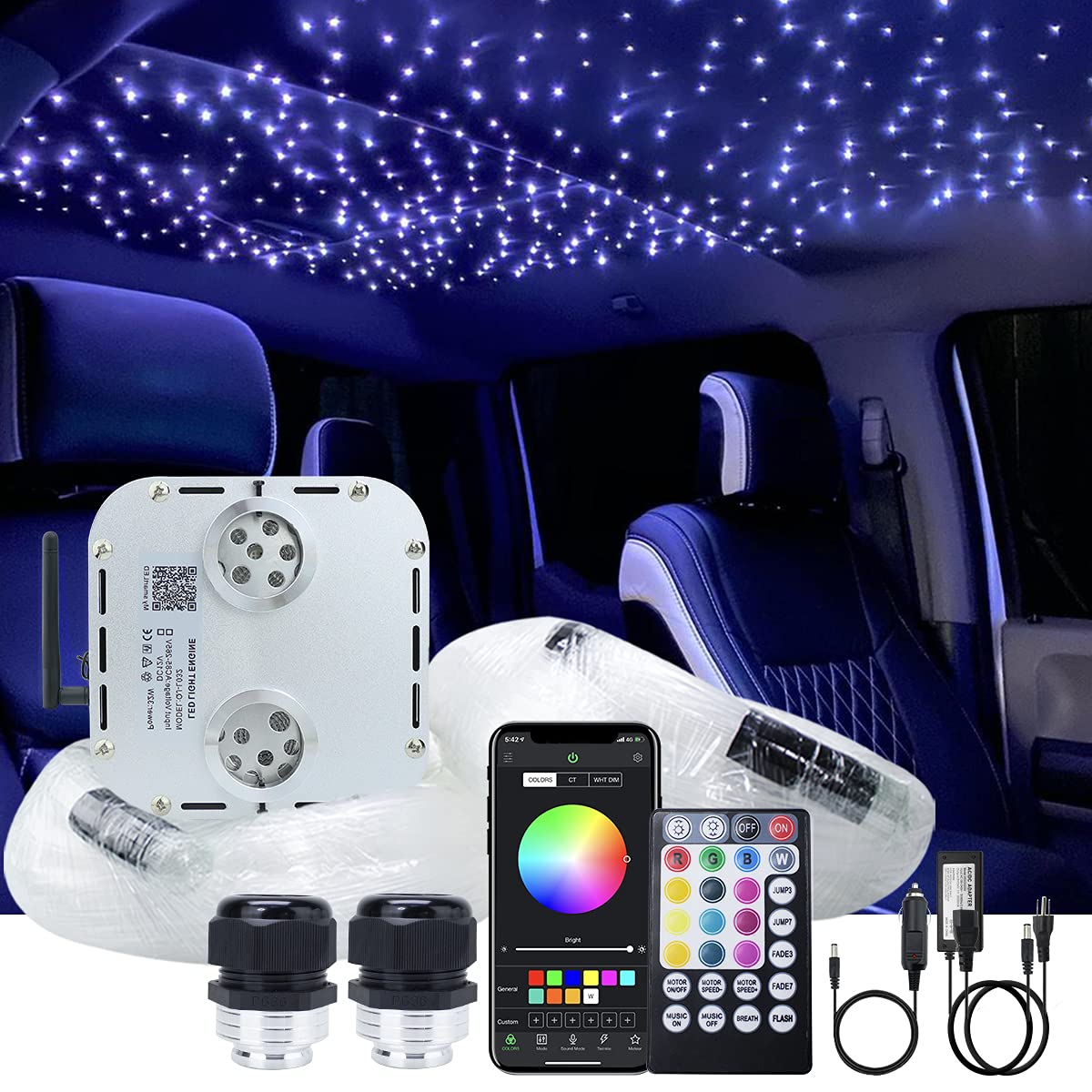 AKEPO 32W RGBW Twinkle+ Sound Activated+APP Dual Head Fiber Optic Lights Kit Star Ceiling Sky Light 16.4ft/5m Total 1330pcs of M