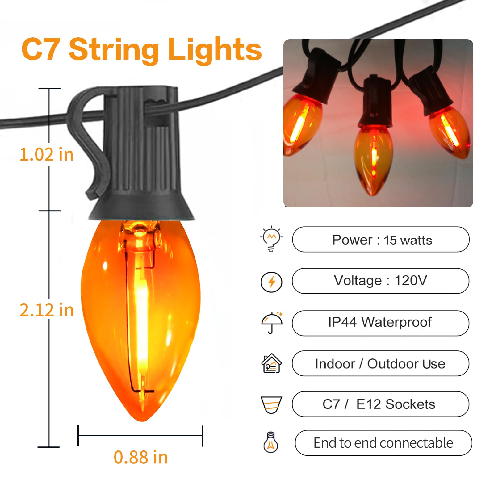 Chyparty C7 Orange Halloween Lights Outdoor  25Ft Led String Lights With 25 Bulbs  Waterproof Fall Thanksgiving Decor For Patio  Fence  Tree  Party