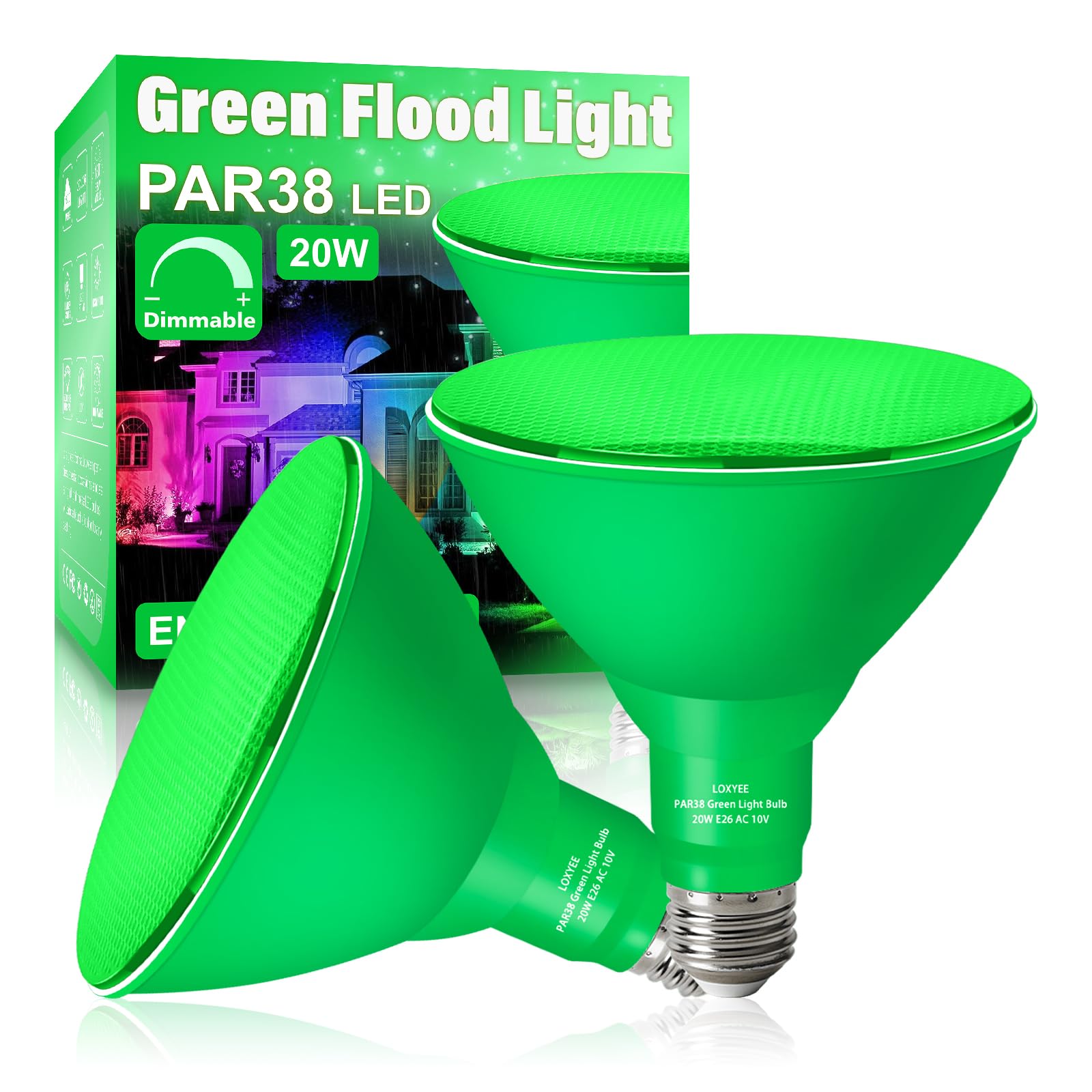Loxyee Par38 Led Flood Green Light Bulbs,20 Watt Green Light Bulb Replace To 200 Watt,E26 Base Outdoor Green Light Bulbs For Halloween Light Bulbs, Party Decoration, Holiday Lighting(2 Pack)