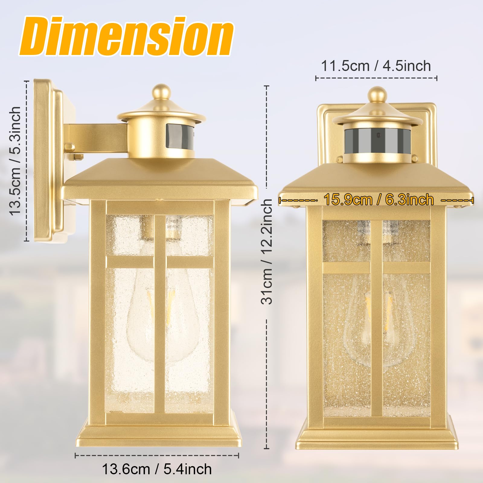 Brilvibera Outdoor Light Fixture Motion Sensor, Gold Waterproof Outside House Light, Modern Outdoor Wall Lights, Outdoor Garage