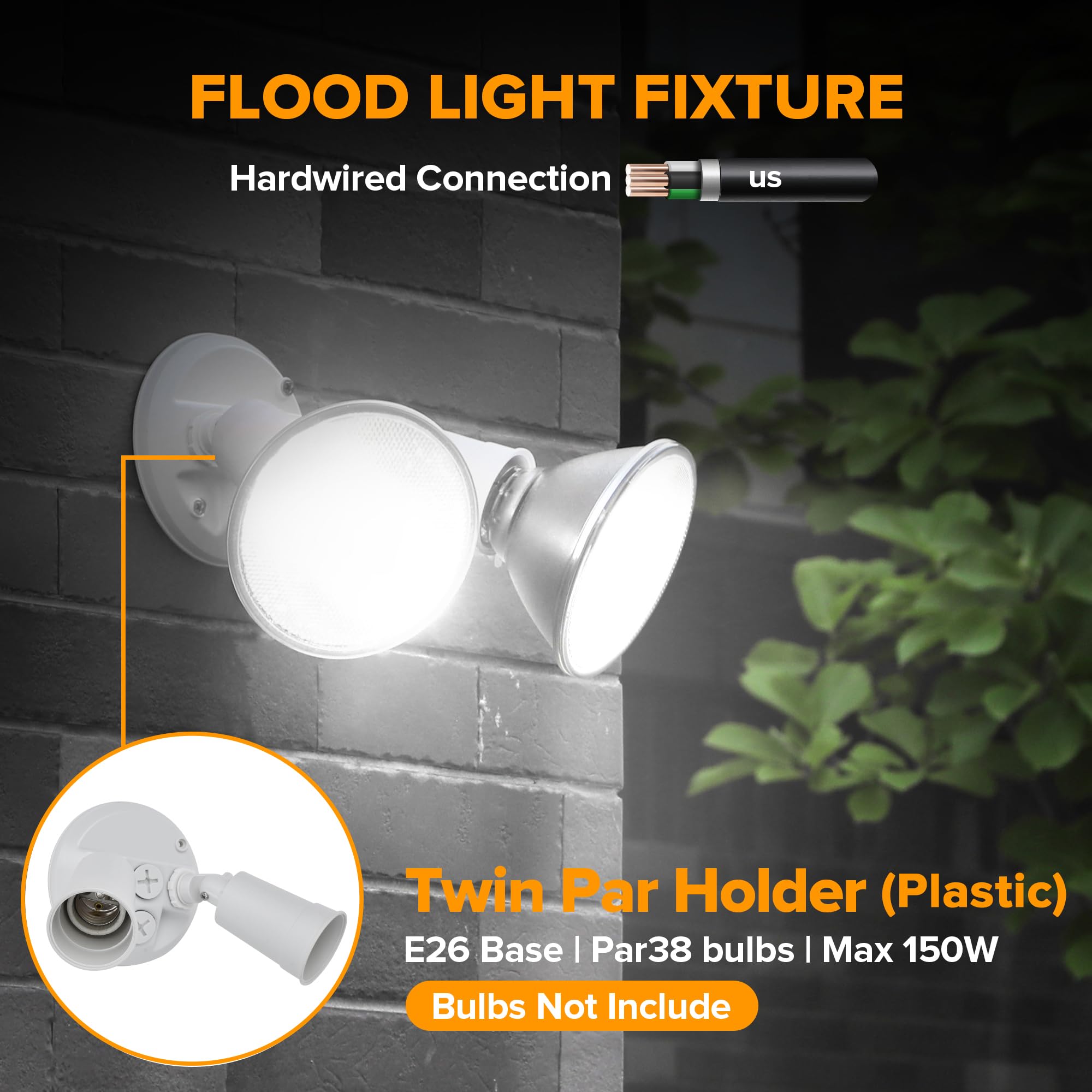 Lutec 2 Pack Adjustable Twin Par Holder Outdoor Flood Lights, Switch Controlled Security Lights, Floodlights Fixture, Waterproof