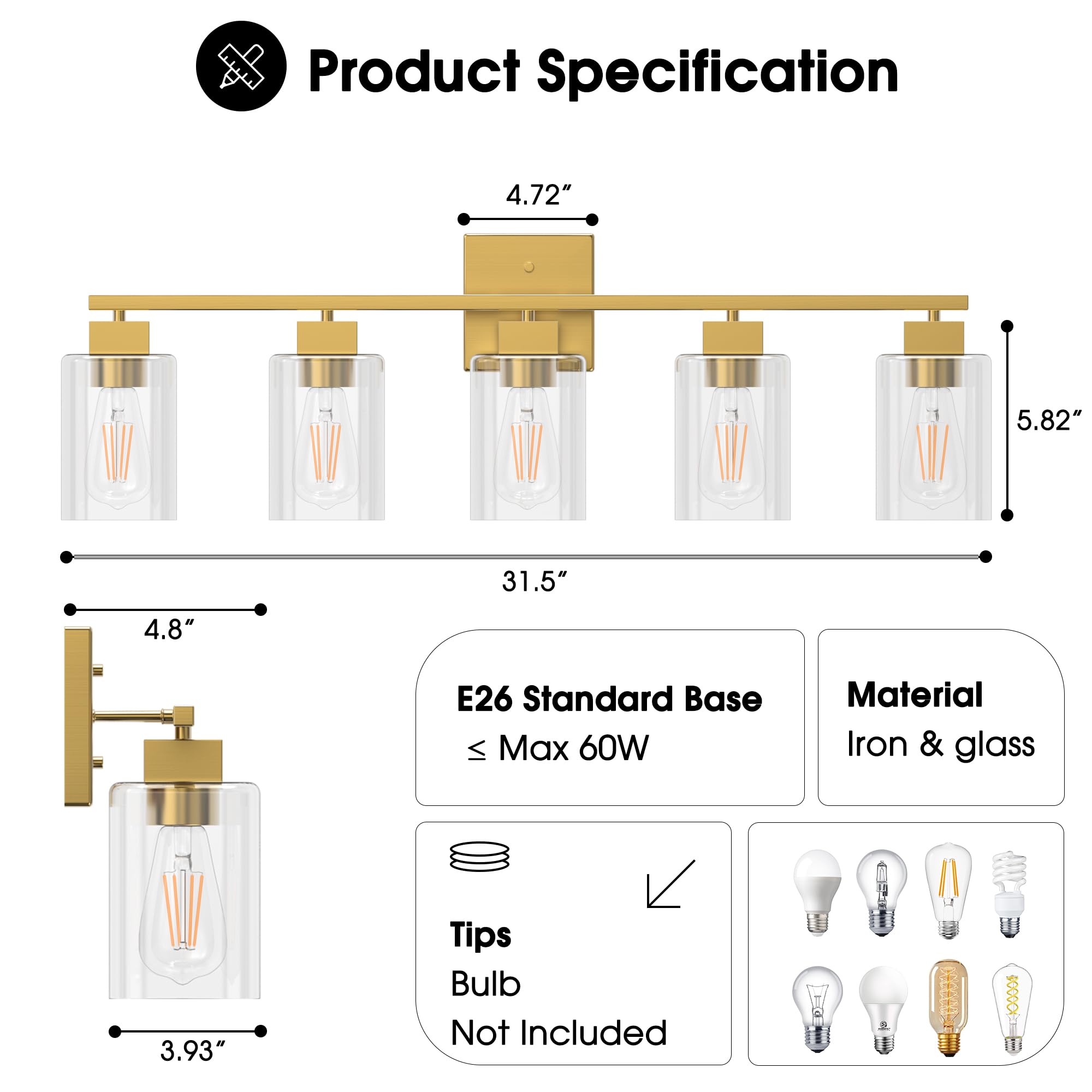 Espird 5 Light Bathroom Vanity Light - Brass Gold Light Fixture Bathroom Square Design & Ul Certification, 31 Inch Long Gold Bat