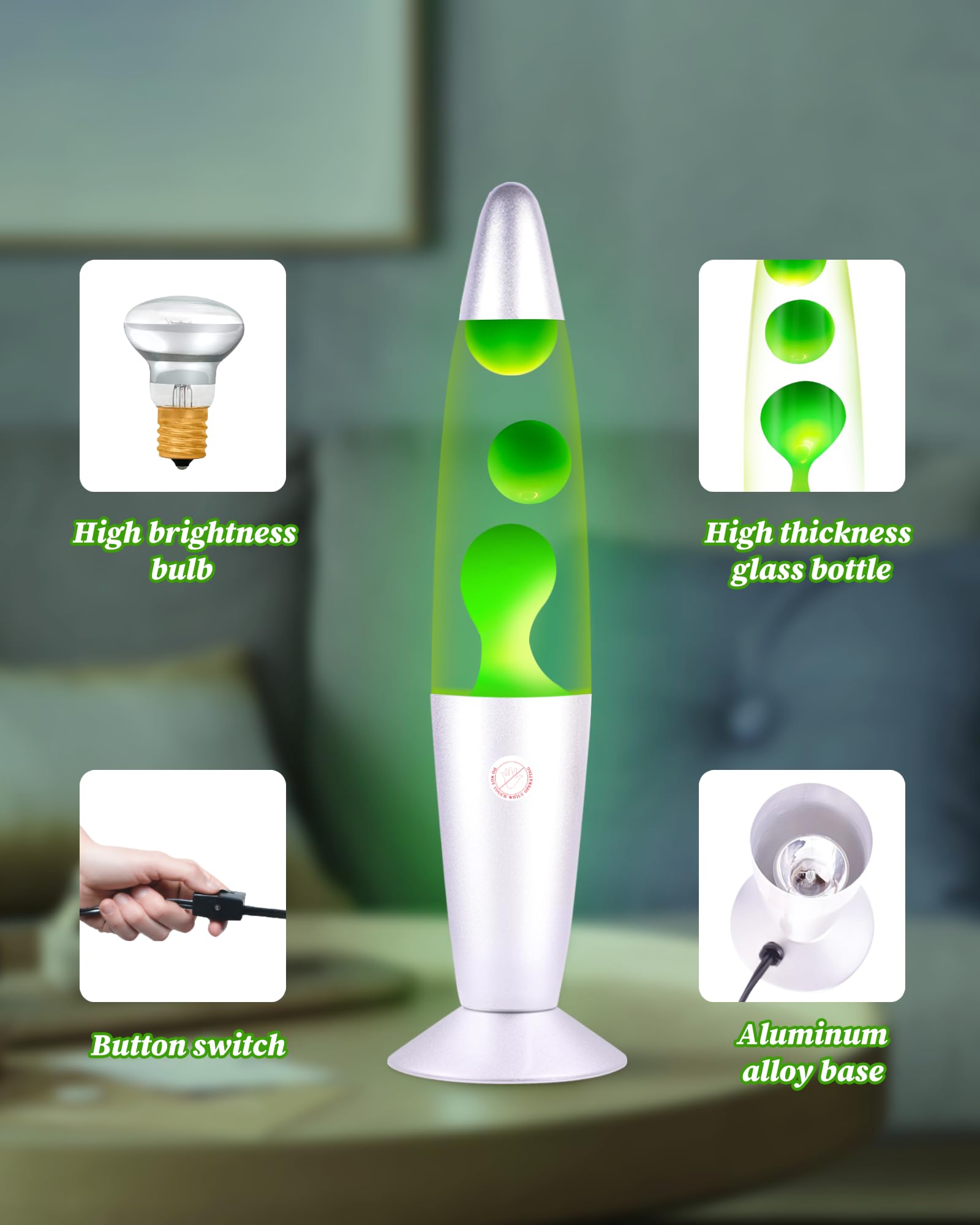 QQP Green Magma Liquid Motion Lamp, Glass-Aluminum, 13 Inches, Silver Base, Nightlight for mature-themeds, Teens, Kids