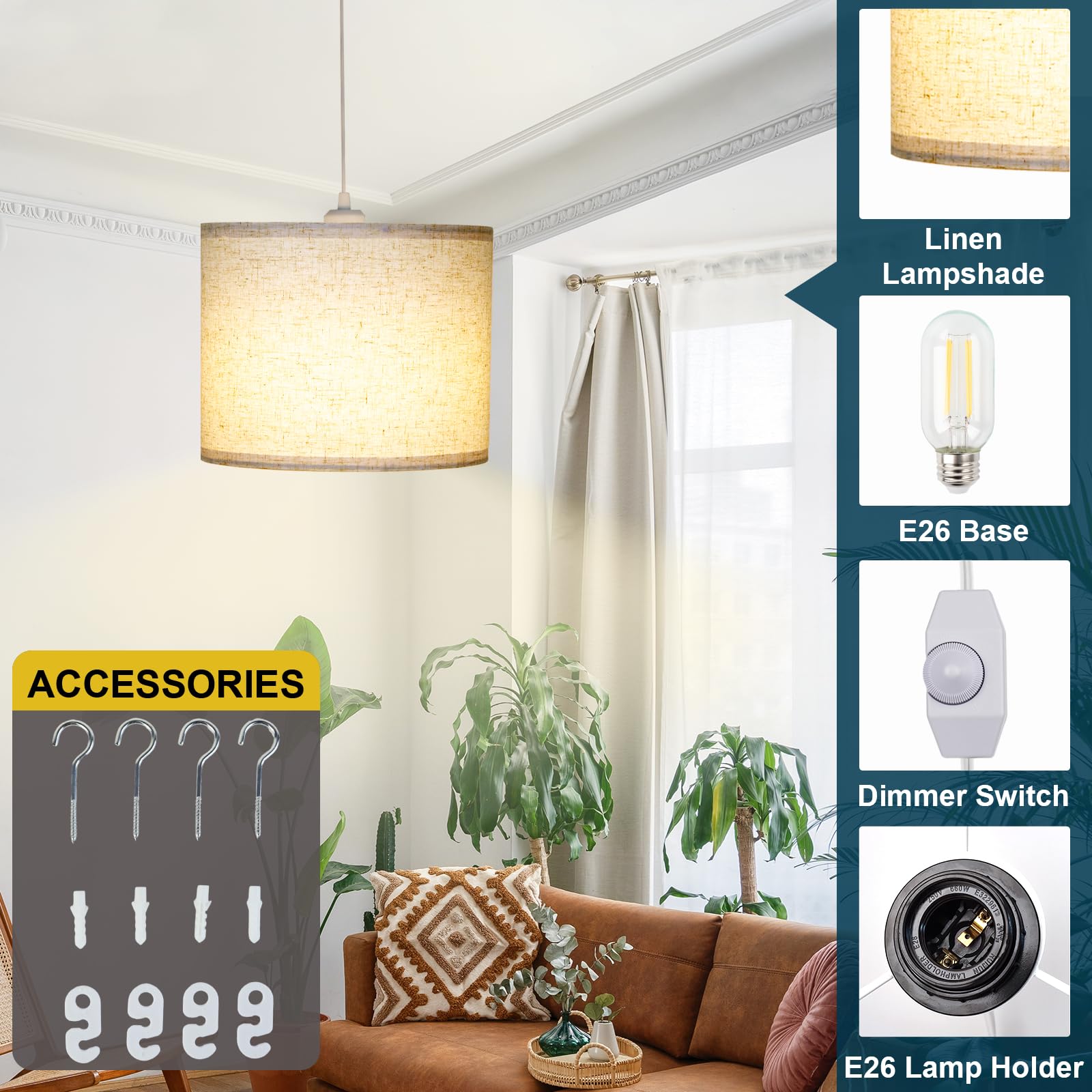 LALISU Plug-in Pendant Light with 15Ft Cord & On/Off Switch, Beige Linen Shade, Ideal for Living Room, Bedroom, Kitchen, Dining Room