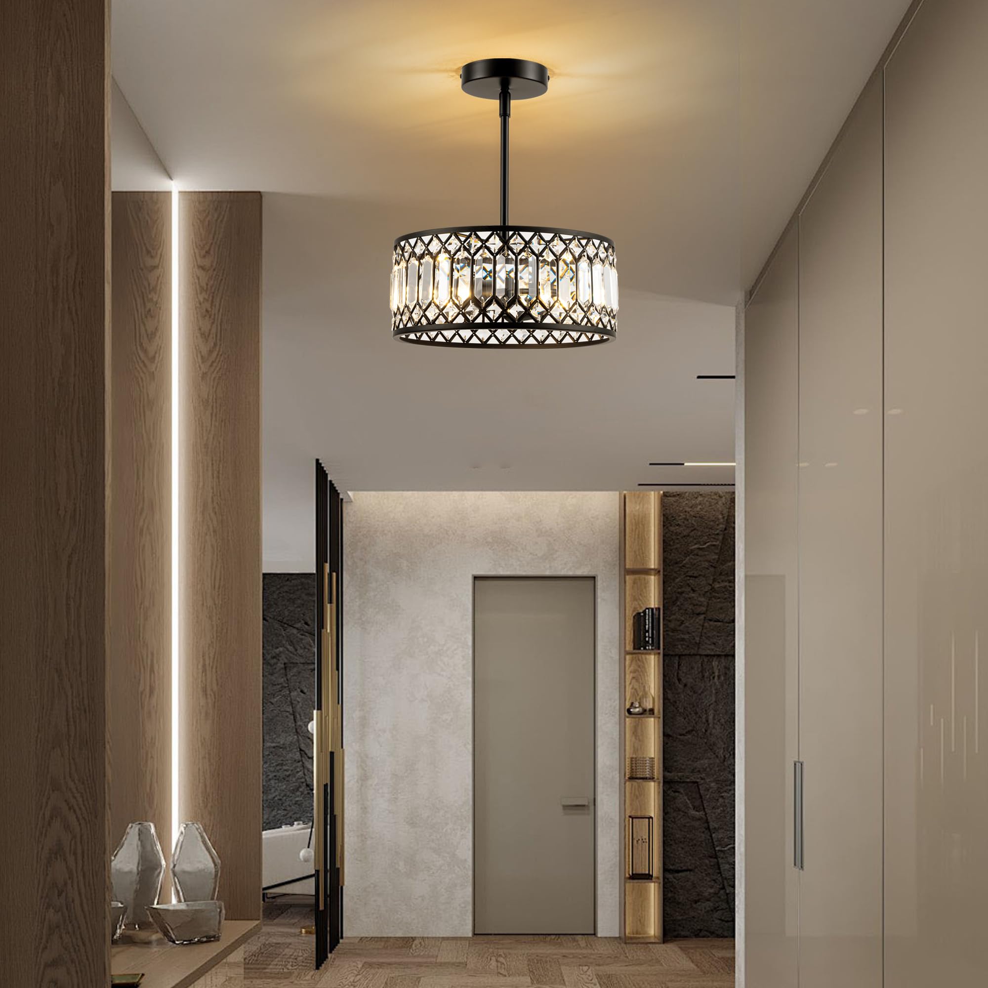 Rpzloila 2-Light Crystal Ceiling Light Fixture, Modern Semi Flush Mount Ceiling Light, Black Crystal Chandelier For Kitchen Bedr