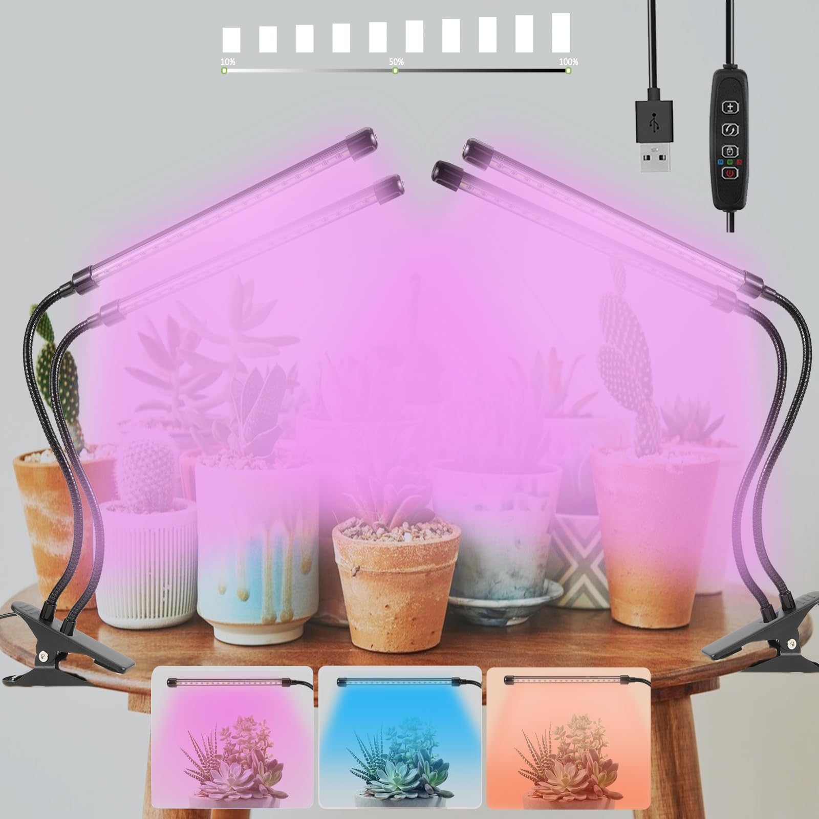 Sunny Power Grow Lights For Indoor Plants Full Spectrum  6000K Led Plant Lights For Indoor Growing  Clip On Grow Lights For Seed Starting  Adjustable Auto Timer 3 Lighting Modes For Succulents  2 Head