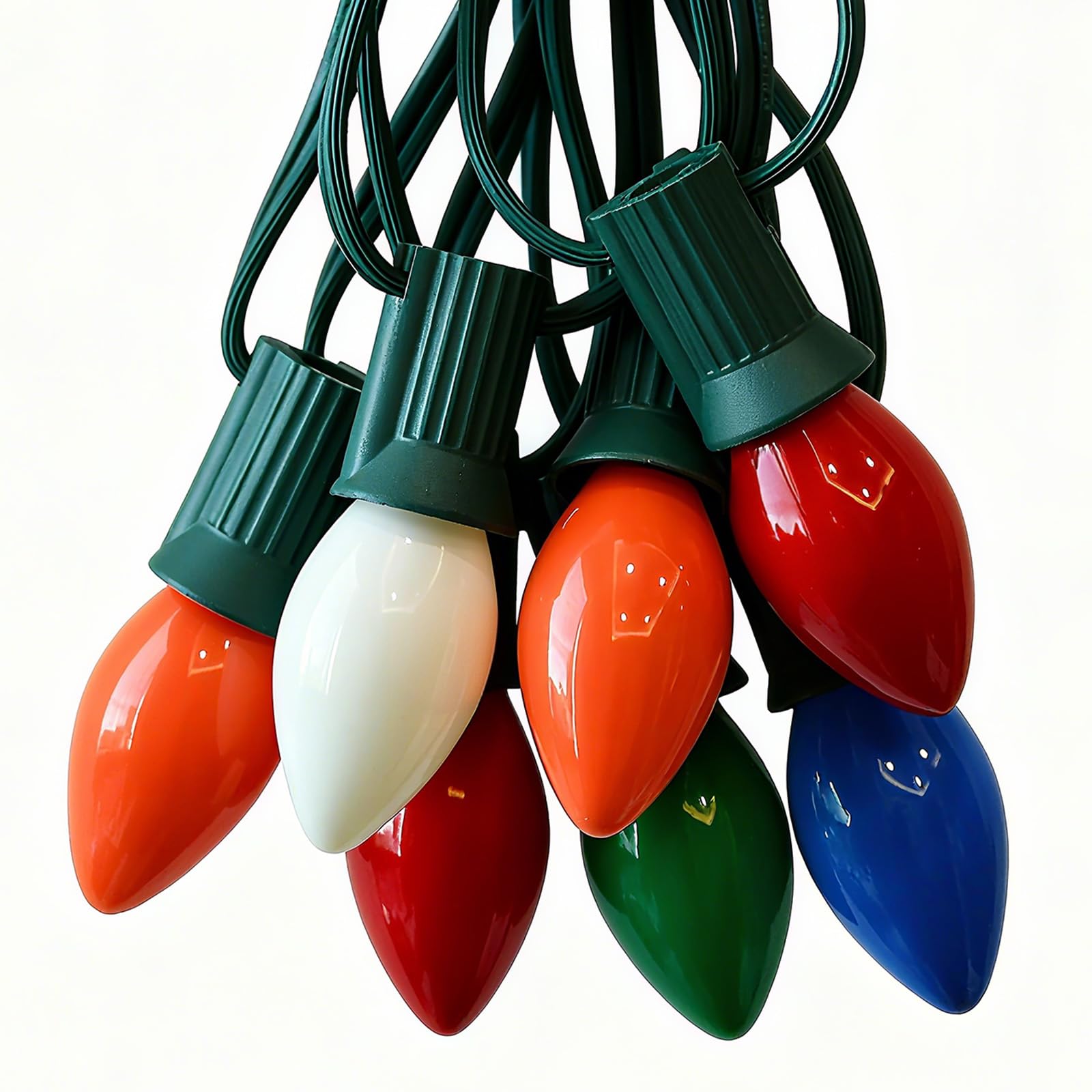 Bokoiuu C7 Vintage Christmas String Lights with 27 Multicolor Ceramic Bulbs  25FT Hanging Outdoor & Indoor String Lights for Christmas Tree Patio Roofline Decoration (Green Wire)