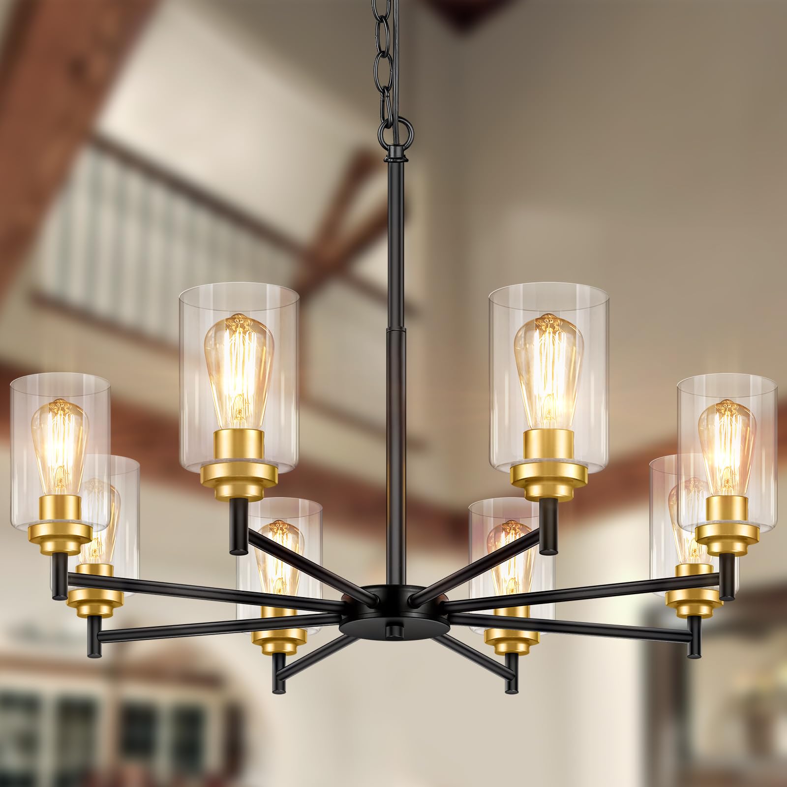Sucolite 8-Light Black & Gold Chandelier - Modern Farmhouse Pendant Lighting For Dining Room, Height Adjustable, Model 3358-P8-Bk