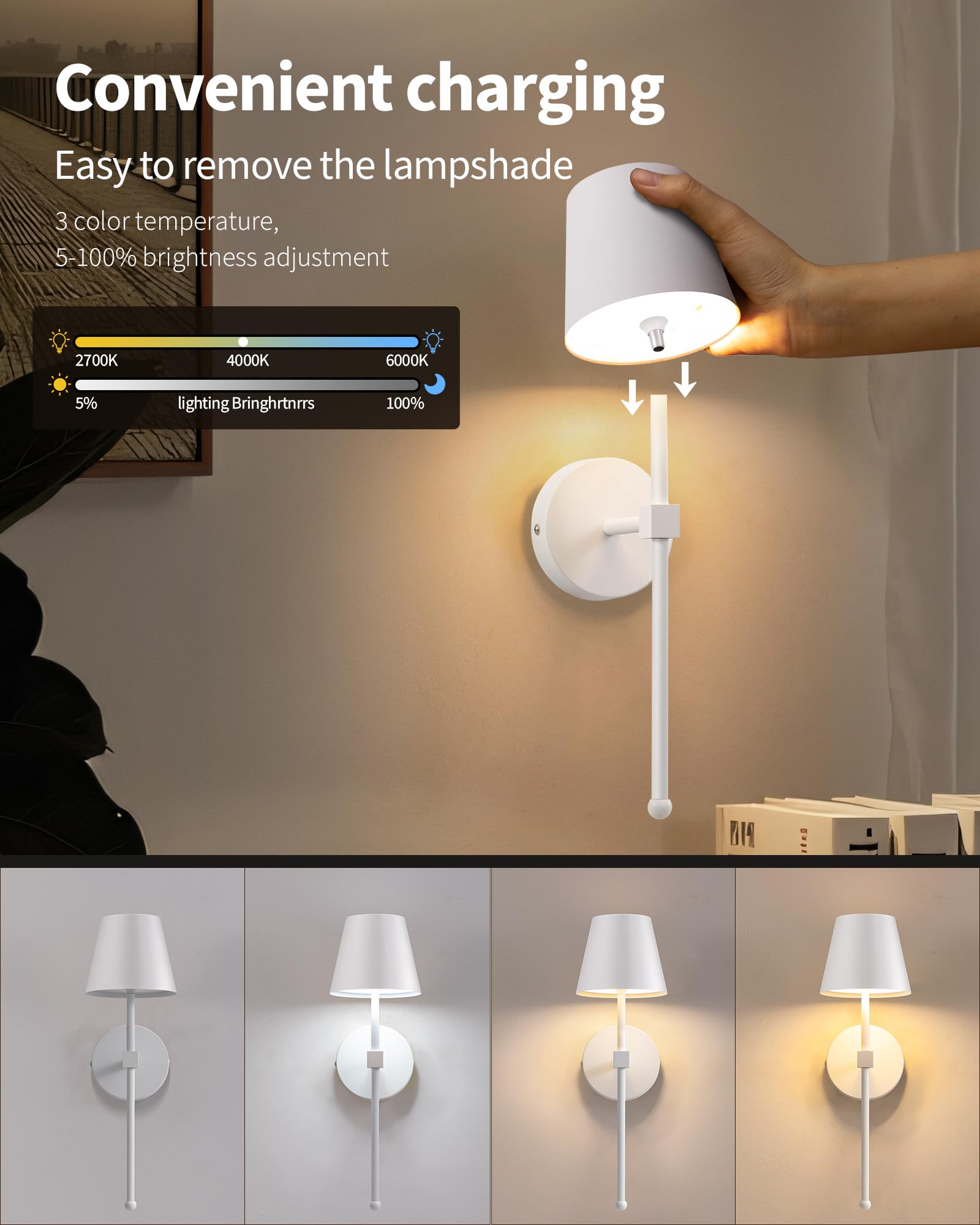 KDG Wireless Wall Sconces Set of 2, Small LED Lamps, Rechargeable 5200mAh, White Metal, Stepless Dimming, Model AMZ-TBL-036