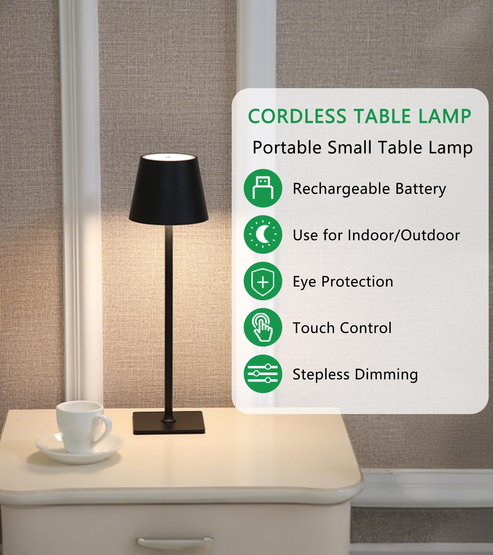 Aihying Black Cordless Table Lamp,Portable Led Desk Lamp, 5000Mah Battery Operated, 3 Color Stepless Dimming Up,Night Light For