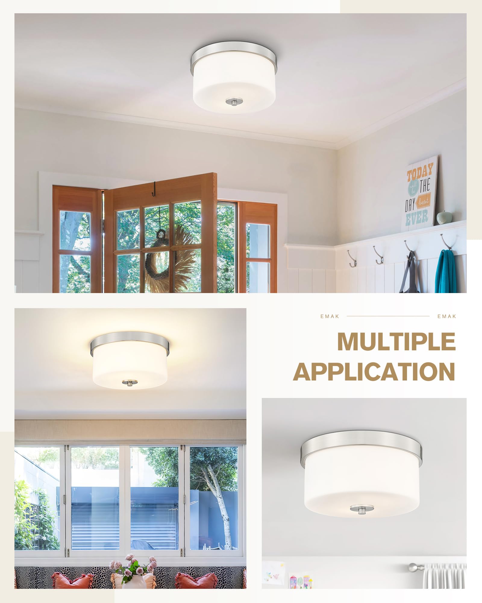 Emak Modern Brushed Nickel Ceiling Light Fixture With Milk Glass Shade, 2-Light, 11 Inch