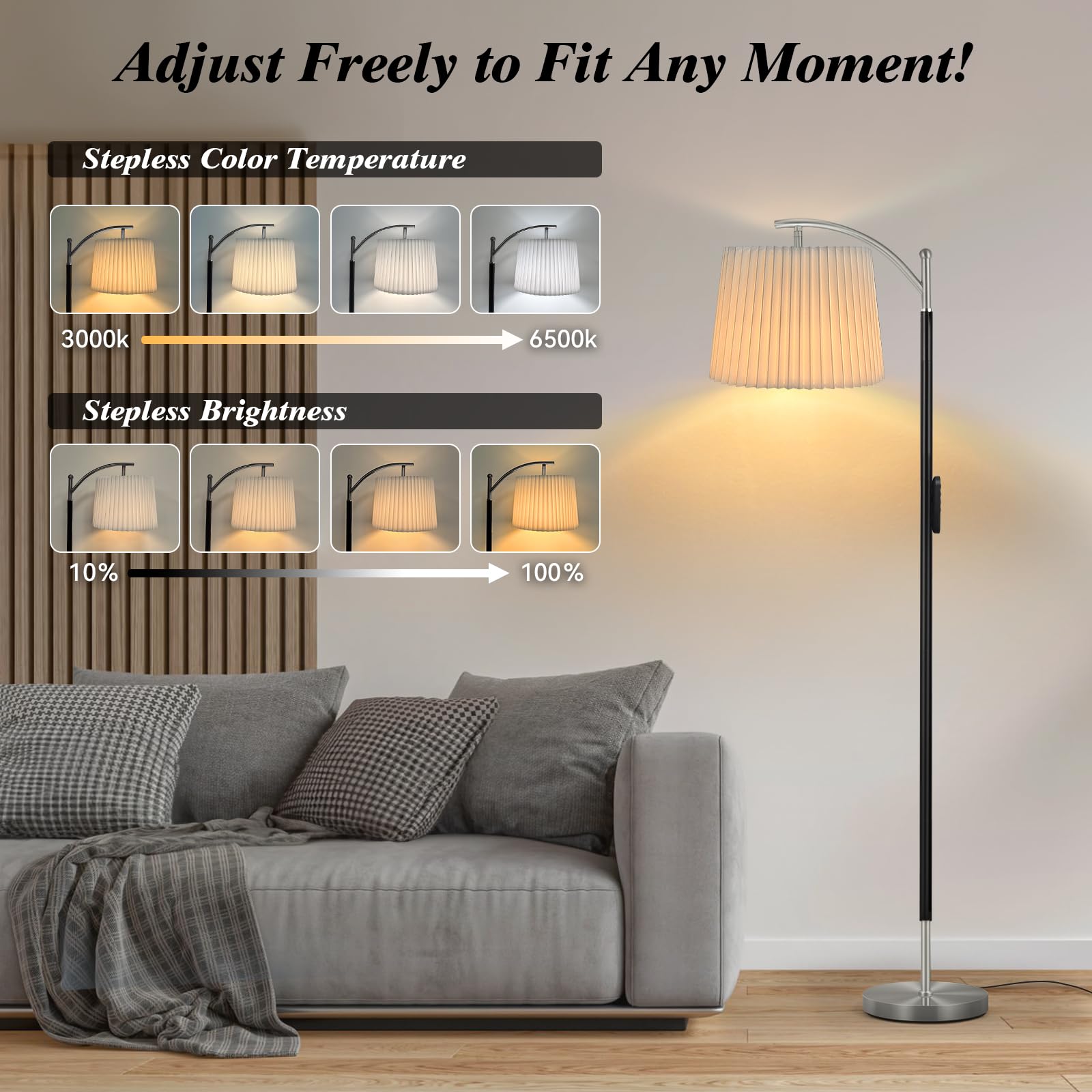 Etto LED Floor Lamp with APP & Remote, Touch Control, Stepless Brightness, Pleated Lampshade, Black Nickel, Model FL-0105