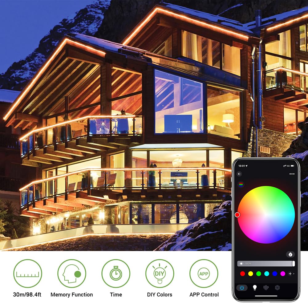 Hotmoon Smart Led Outdoor Rope Light, 98.4Ft Rgb Color Changing, App & Rf Remote Control, Ip65 For Garden & Parties, Model Nts101-Rgb-Us-F