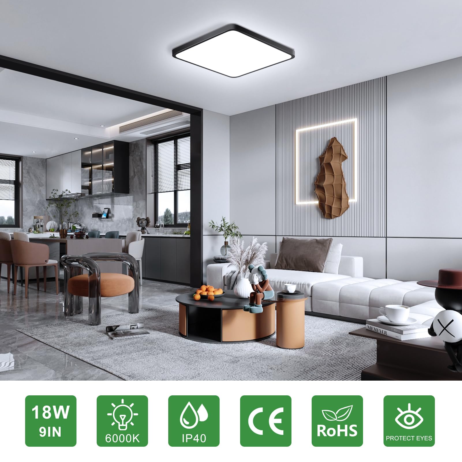 9Inch 18W Square Led Ceiling Light Fixtures Flush Mount  6000K Cold White Led Ceiling Lamp  Surface Mount Modern Ceiling Lights  Black Slim Flat Panel Lighting For Bedroom  Kitchen  Bathroom Etc